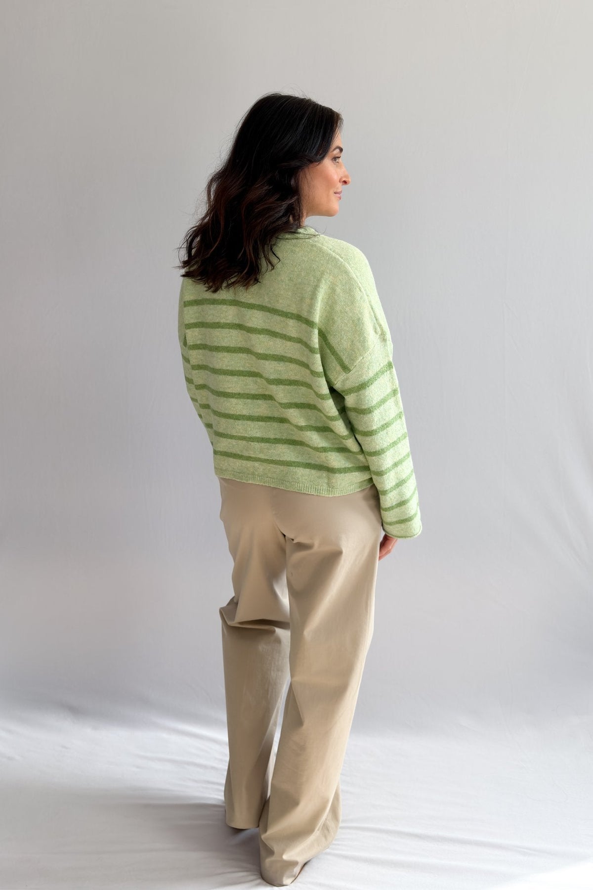 Women’s Light Green Striped Soft Knit Button Cardigan - Women's Sweaters - Blooming Daily
