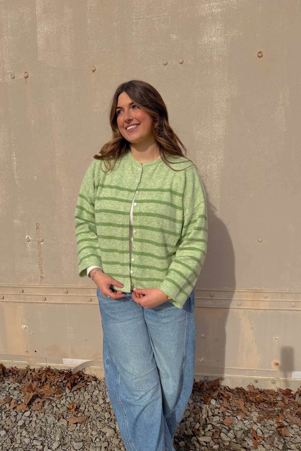 Women’s Light Green Striped Soft Knit Button Cardigan - Women's Sweaters - Blooming Daily