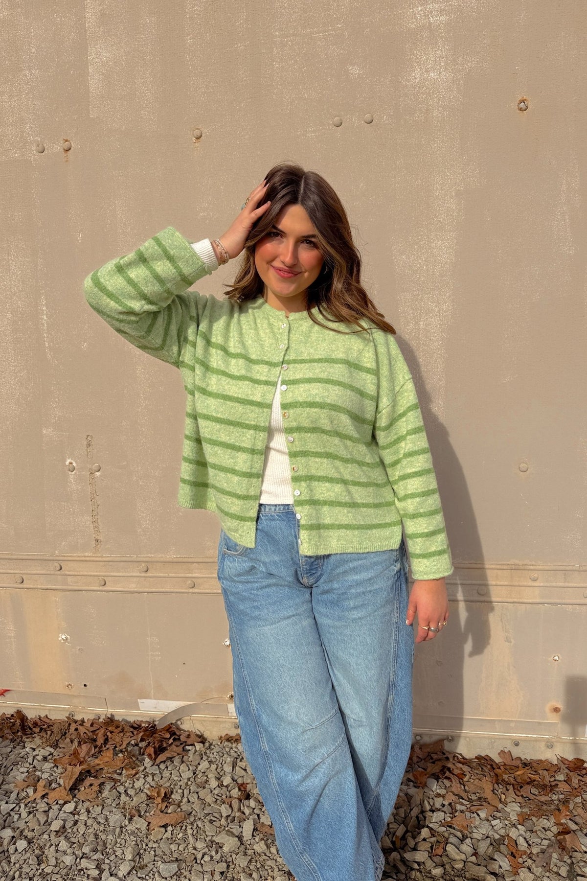 Women’s Light Green Striped Soft Knit Button Cardigan - Women's Sweaters - Blooming Daily