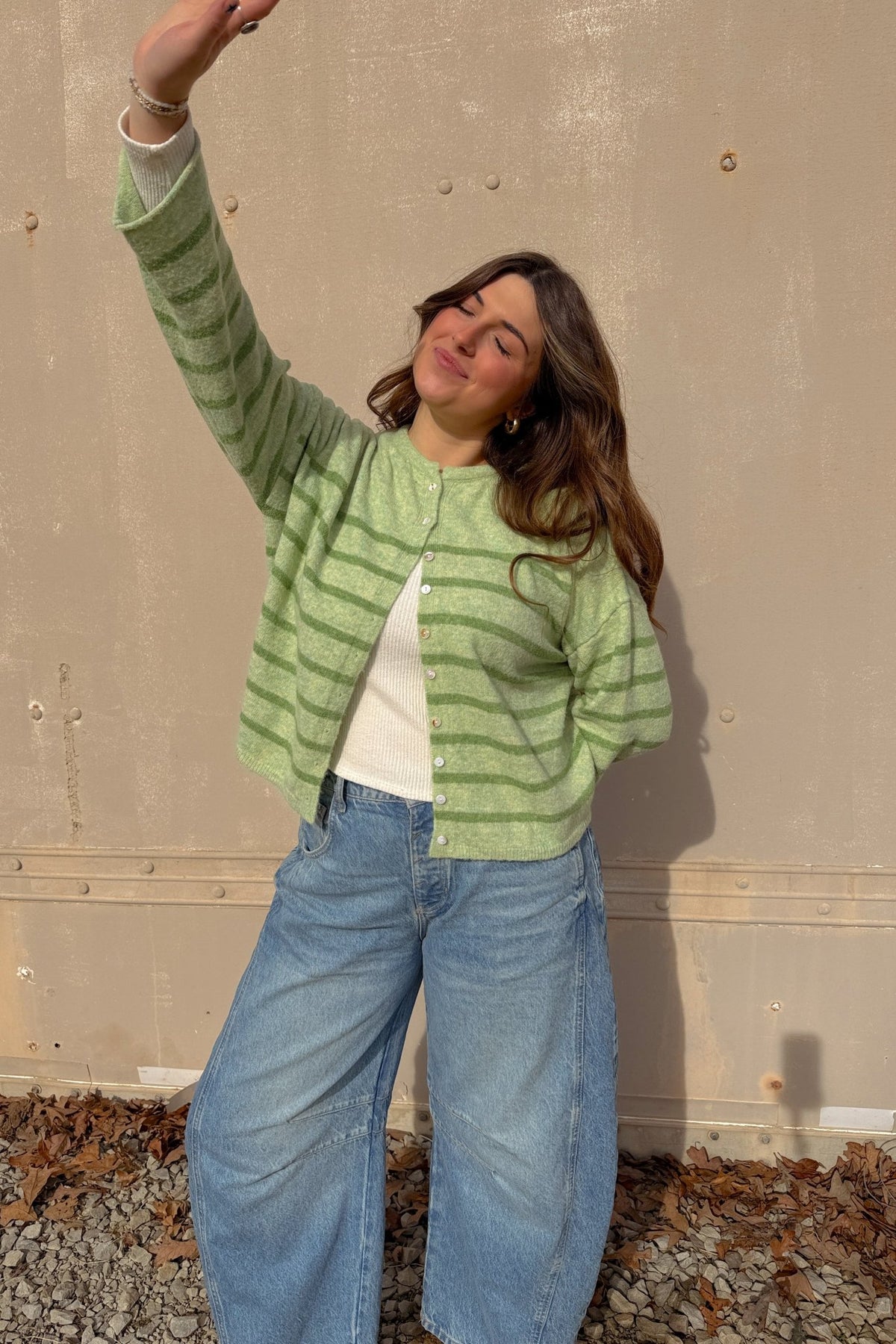 Women’s Light Green Striped Soft Knit Button Cardigan - Women's Sweaters - Blooming Daily