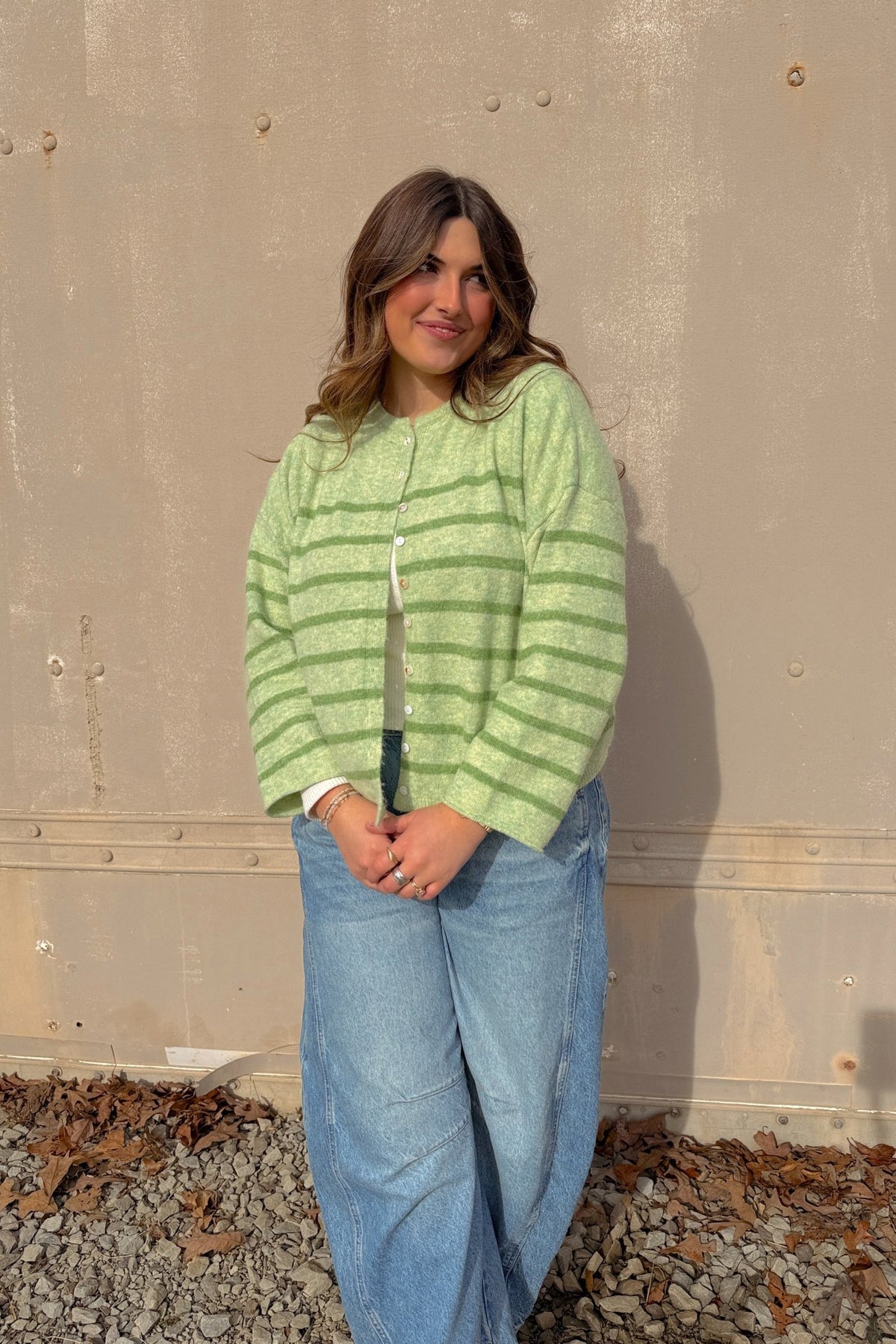 Women’s Light Green Striped Soft Knit Button Cardigan - Women's Sweaters - Blooming Daily