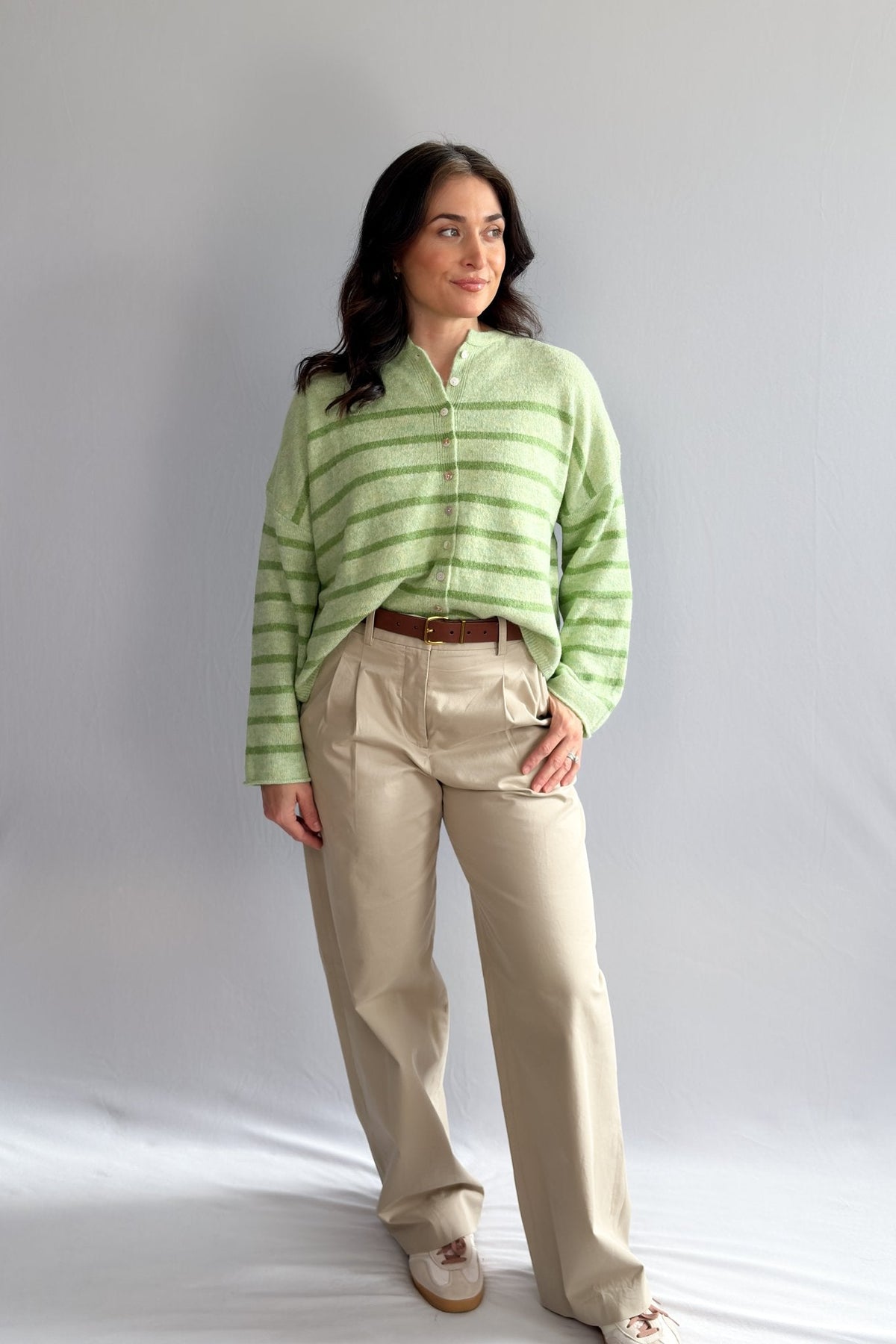 Women’s Light Green Striped Soft Knit Button Cardigan - Women's Sweaters - Blooming Daily