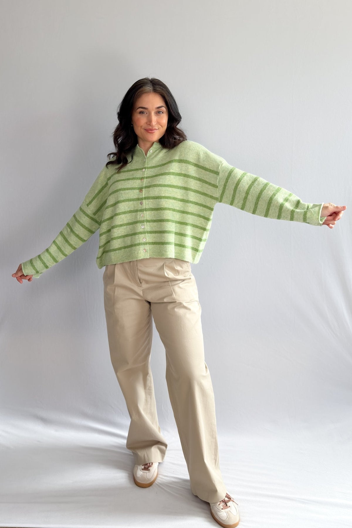 Women’s Light Green Striped Soft Knit Button Cardigan - Women's Sweaters - Blooming Daily