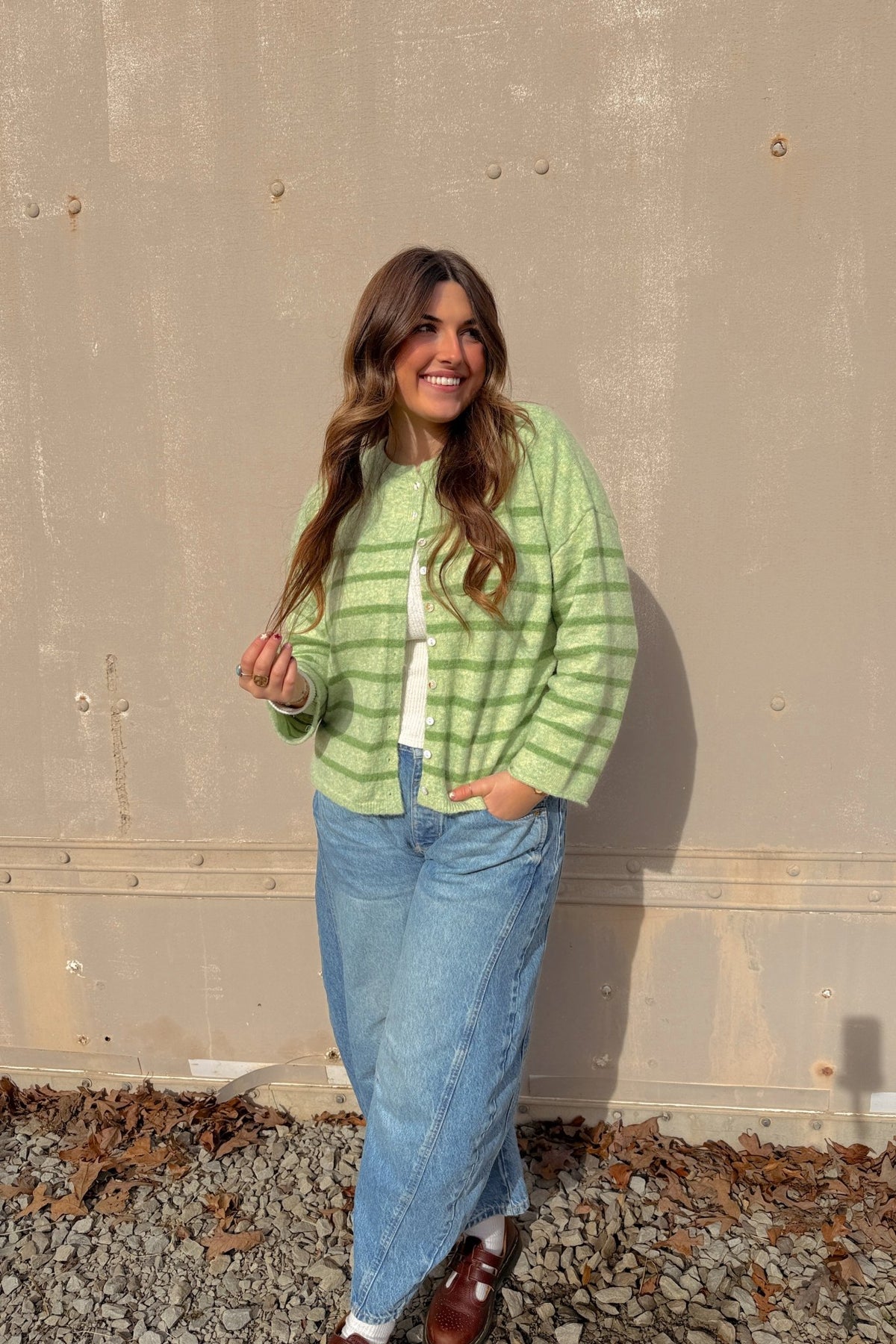 Women’s Light Green Striped Soft Knit Button Cardigan - Women's Sweaters - Blooming Daily