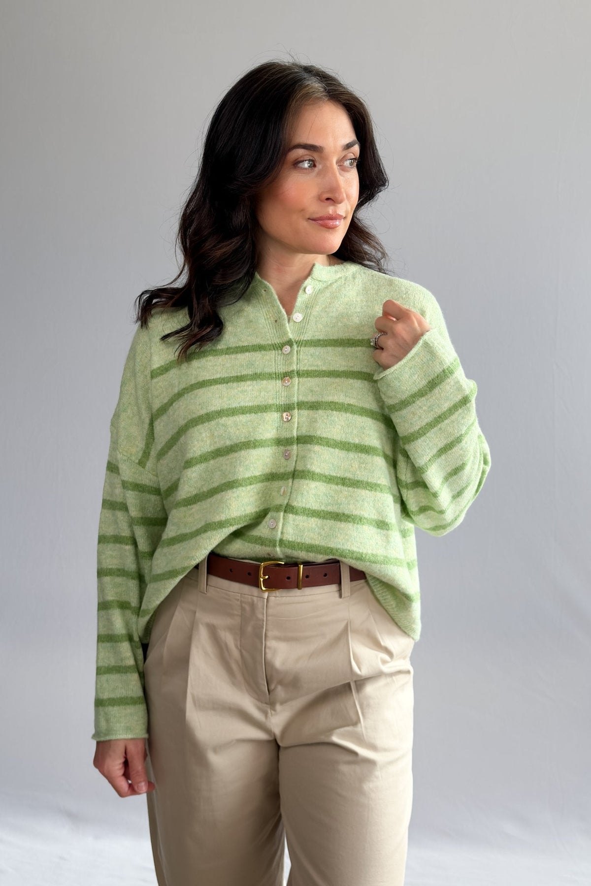 Women’s Light Green Striped Soft Knit Button Cardigan - Women's Sweaters - Blooming Daily