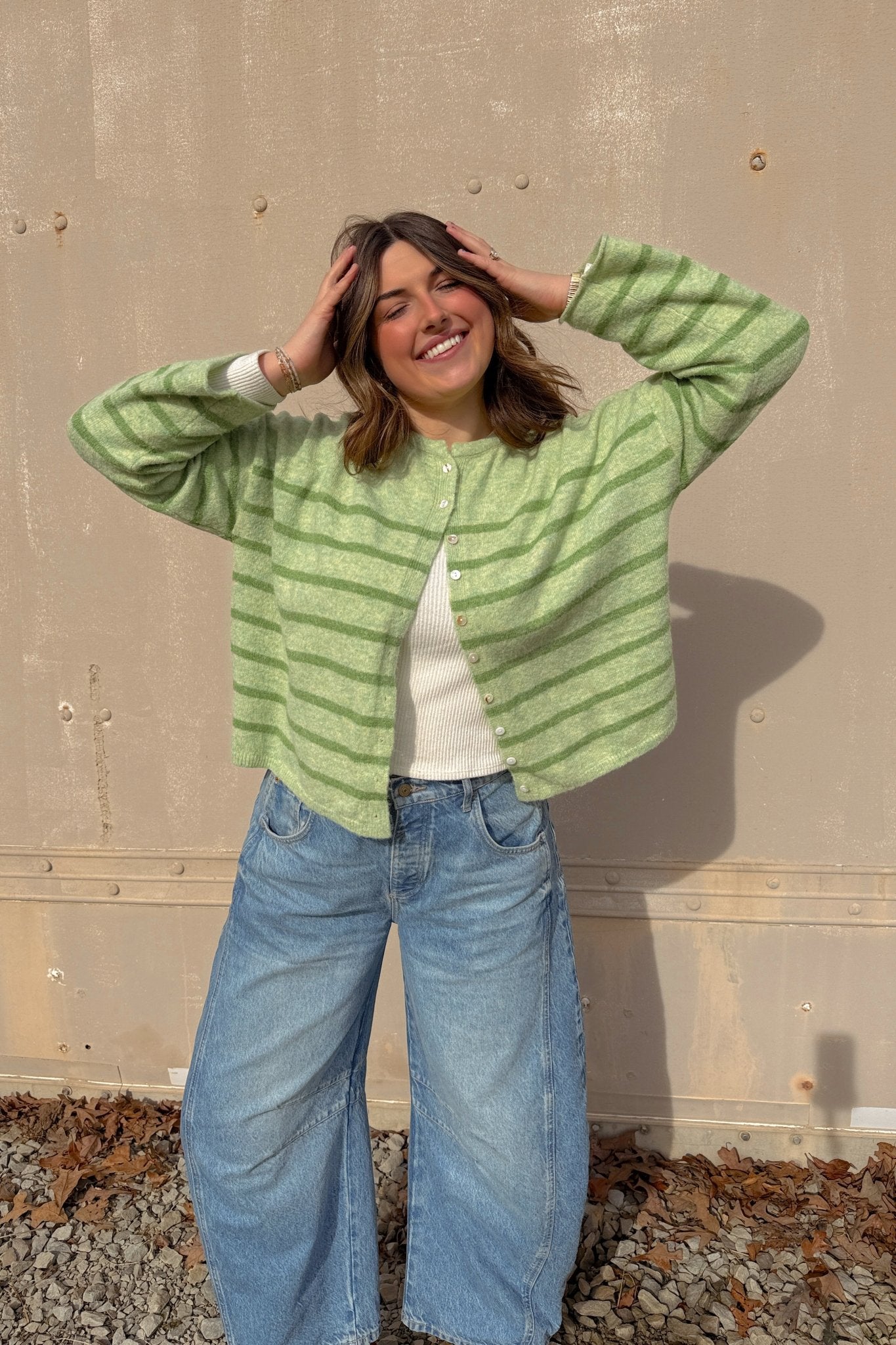 Women’s Light Green Striped Soft Knit Button Cardigan - Women's Sweaters - Blooming Daily