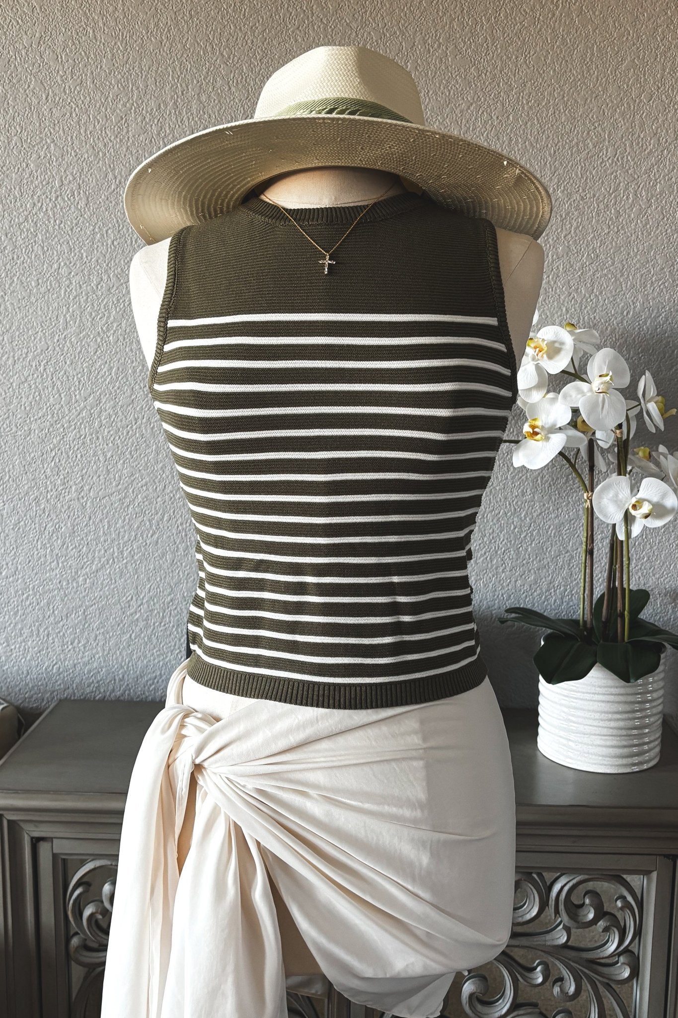Women's Lightweight Knit Tank Striped | Olive Green - Women's Shirts & Tops - Blooming Daily