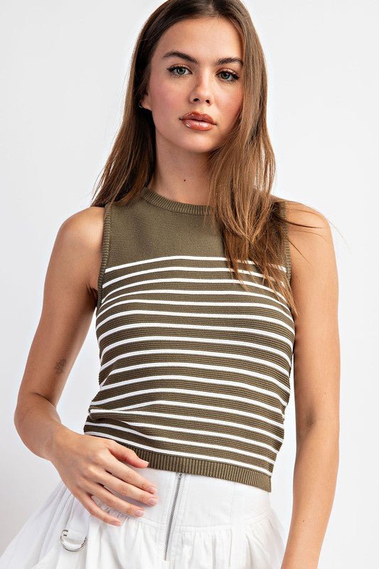 Women's Lightweight Knit Tank Striped | Olive Green - Women's Shirts & Tops - Blooming Daily