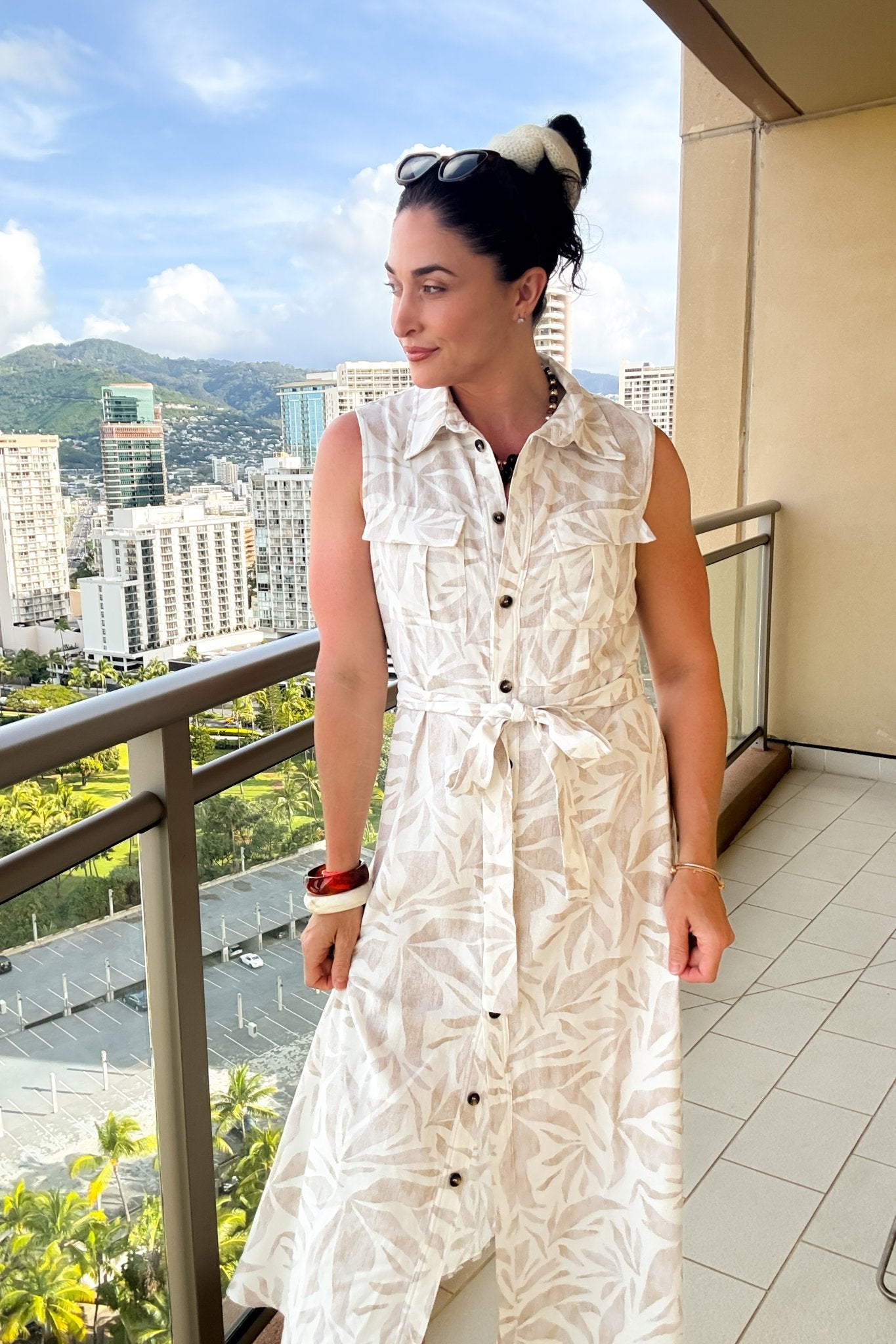 Linen Blend Midi Shirt Dress Neutral Summer Dress M Linen Blend Midi Shirt Dress Neutral Summer Dress M