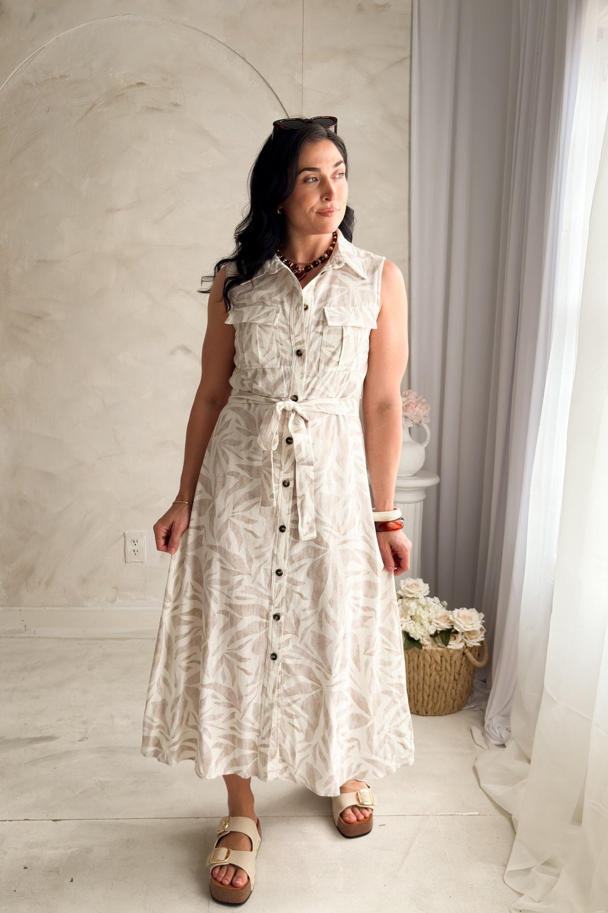 Women’s Linen Blend Midi Shirt Dress – Neutral Summer Dress - Women's Dresses - Blooming Daily