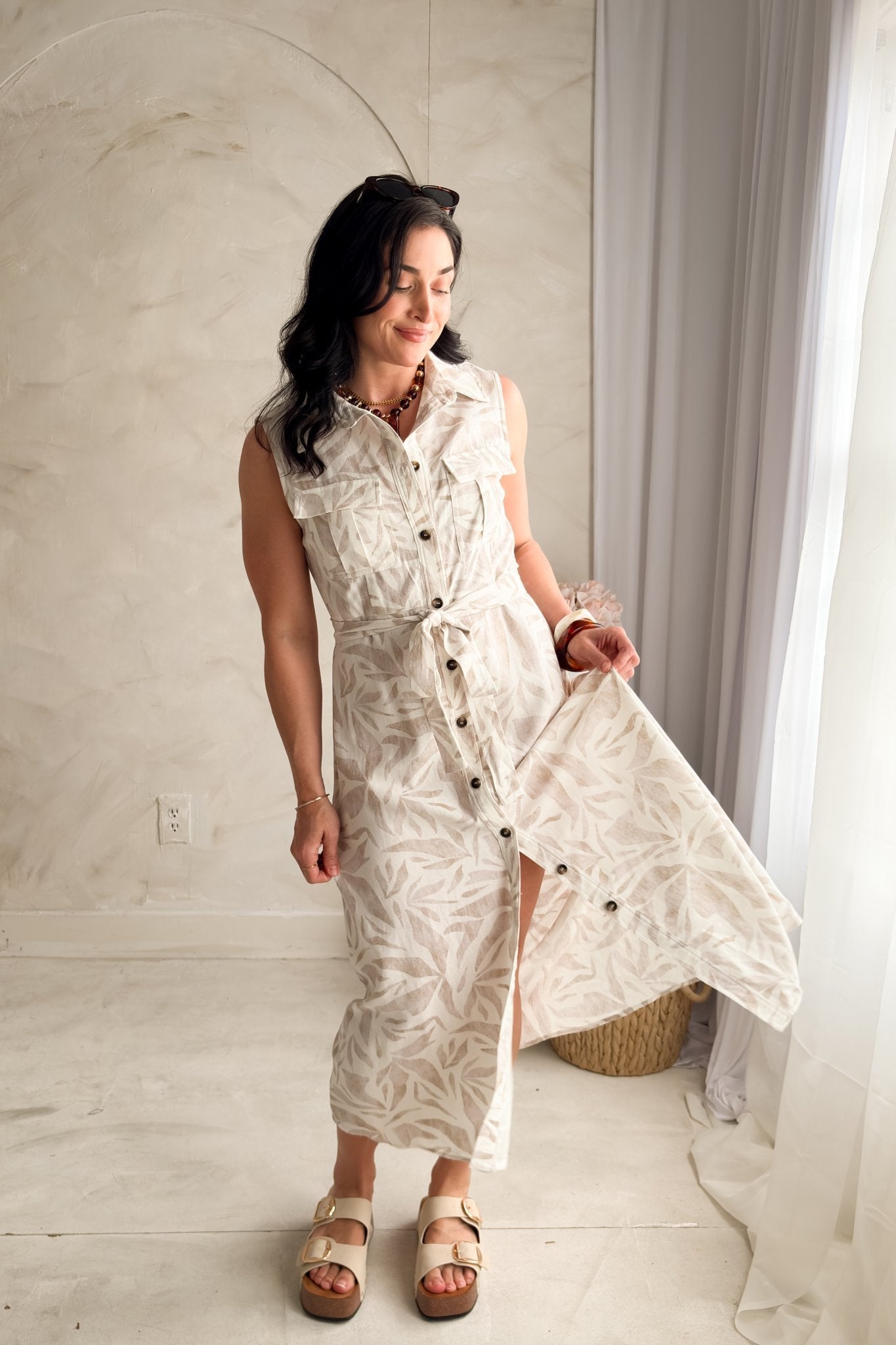 Linen Blend Midi Shirt Dress Neutral Summer Dress M Linen Blend Midi Shirt Dress Neutral Summer Dress M