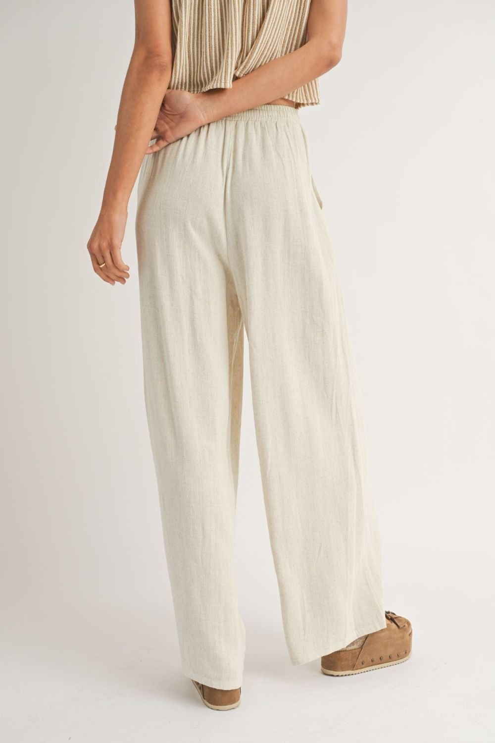 Women's Linen Blend Wide Leg Summer Pants | Oatmeal - Women's Pants - Blooming Daily