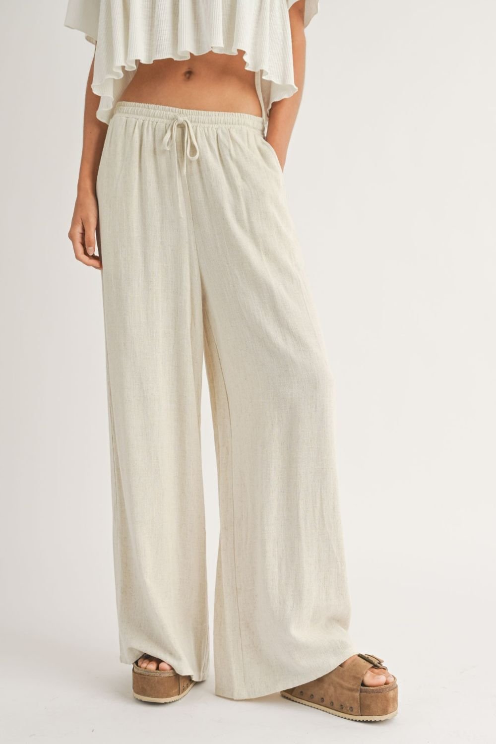 Women&#39;s Linen Blend Wide Leg Summer Pants | Oatmeal - Women&#39;s Pants - Blooming Daily