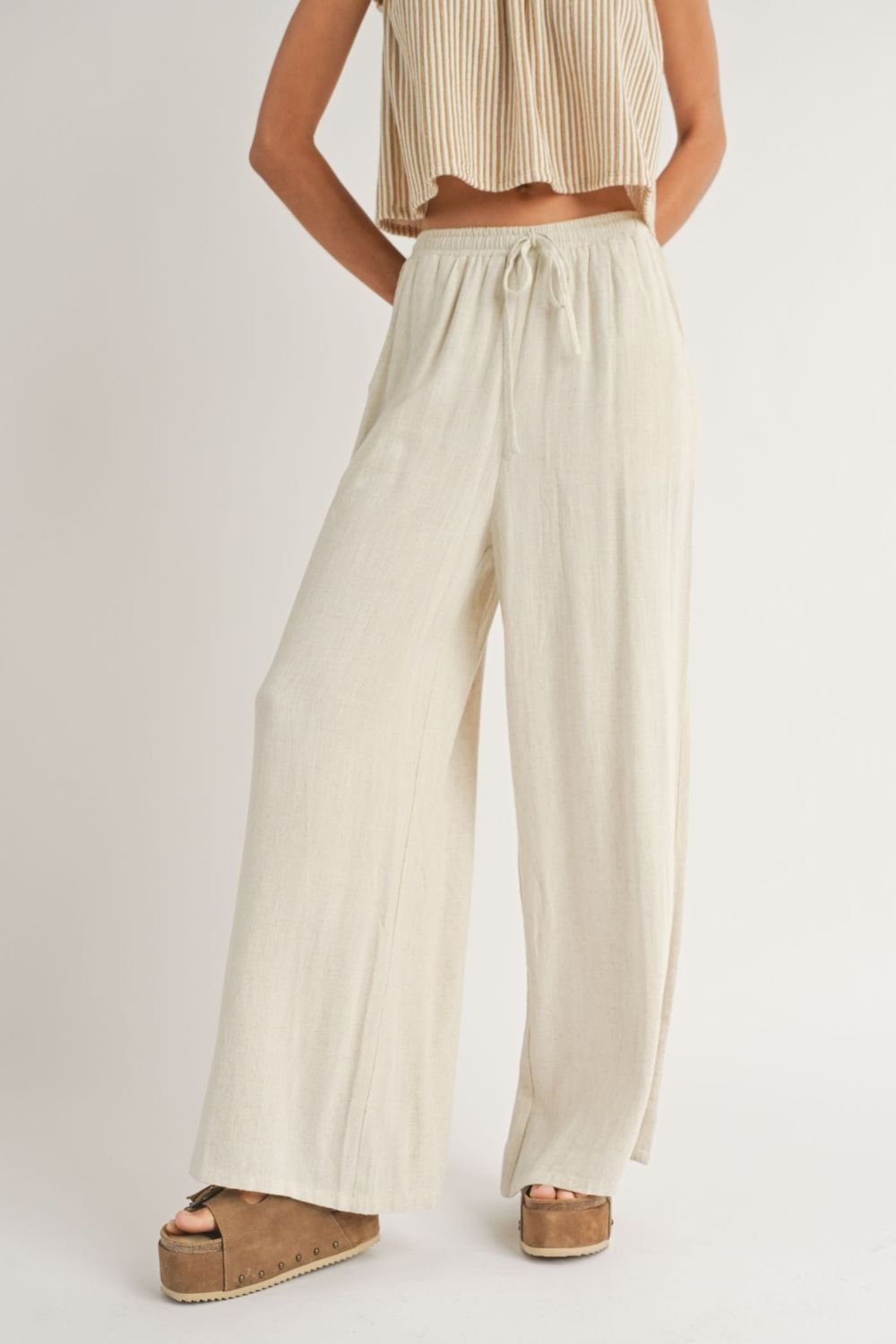 Women&#39;s Linen Blend Wide Leg Summer Pants | Oatmeal - Women&#39;s Pants - Blooming Daily