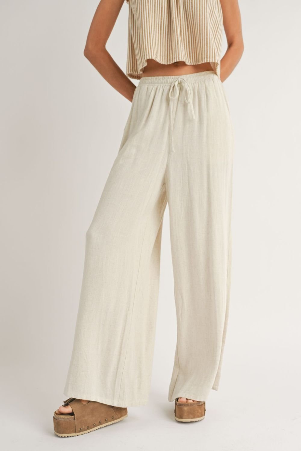 Women's Linen Blend Wide Leg Summer Pants | Oatmeal - Women's Pants - Blooming Daily