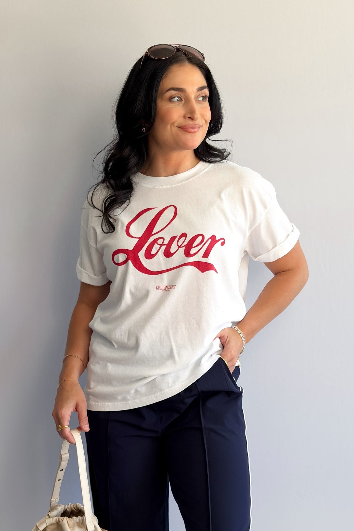 Women’s Lover Graphic T-Shirt – White Boyfriend Fit by Girl Dangerous - Women&#39;s Shirts &amp; Tops - Blooming Daily