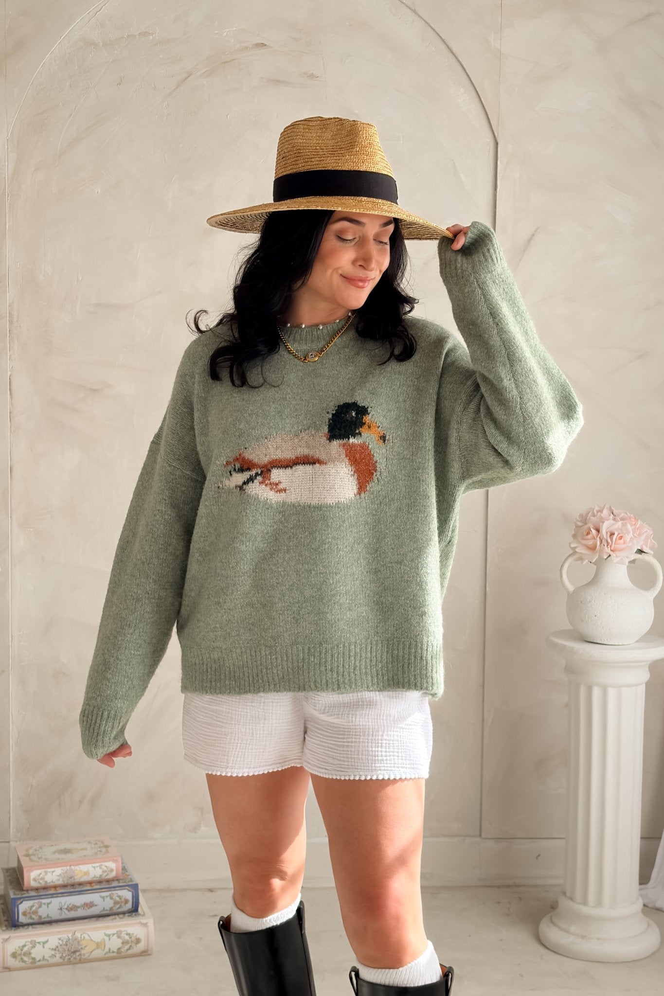 Duck Graphic Sweater Women – Sage Green Cozy Knit - Blooming Daily