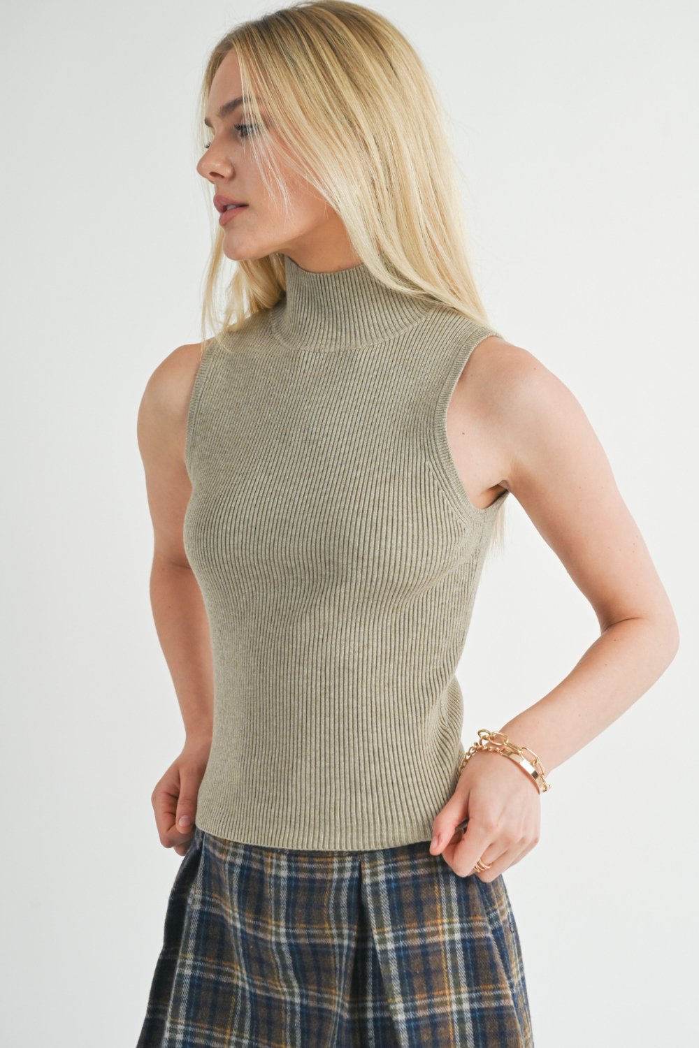 Women&#39;s Mock Neck Rib Sweater Tank Top | Sage The Label | Dusty Sage Green - Women&#39;s Shirts &amp; Tops - Blooming Daily