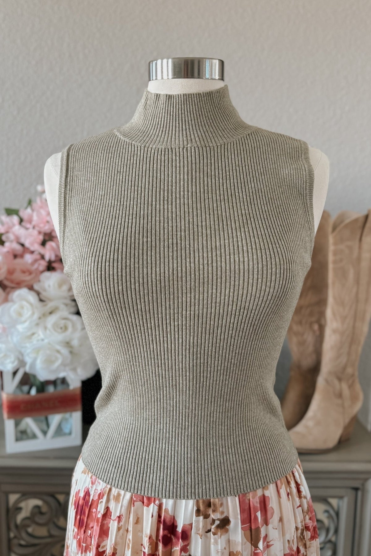 Women&#39;s Mock Neck Rib Sweater Tank Top | Sage The Label | Dusty Sage Green - Women&#39;s Shirts &amp; Tops - Blooming Daily