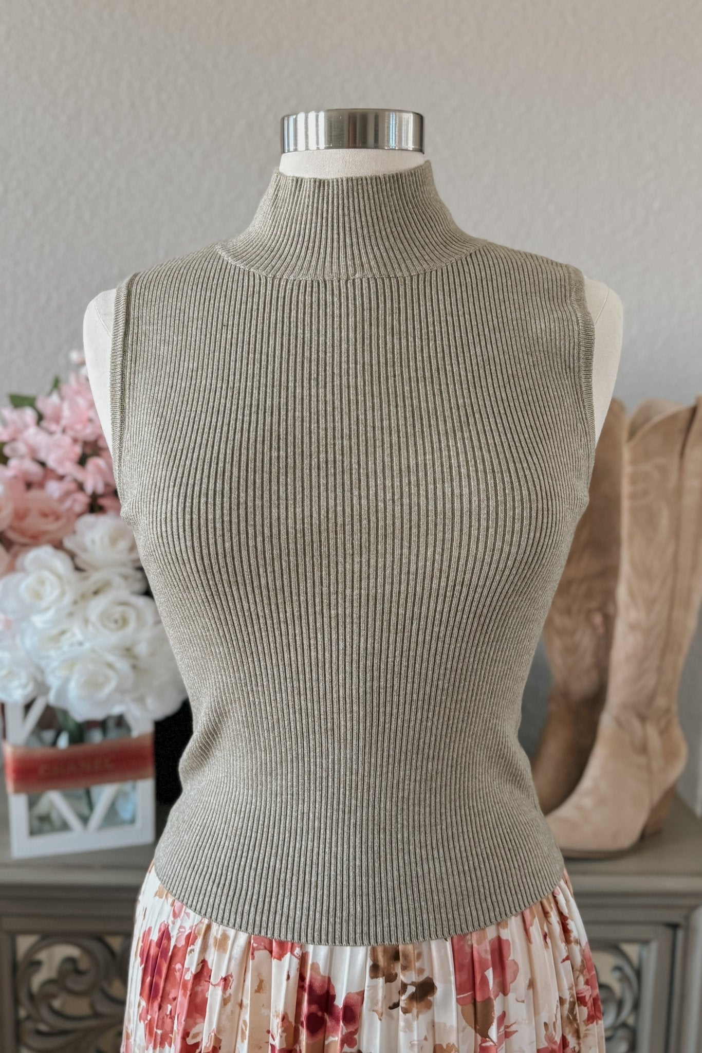 Women's Mock Neck Rib Sweater Tank Top | Sage The Label | Dusty Sage Green - Women's Shirts & Tops - Blooming Daily