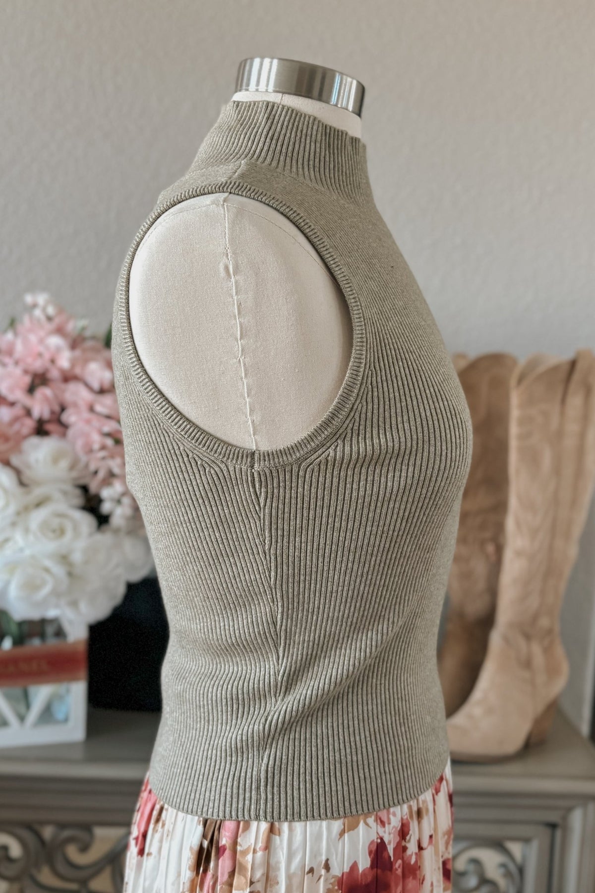 Women&#39;s Mock Neck Rib Sweater Tank Top | Sage The Label | Dusty Sage Green - Women&#39;s Shirts &amp; Tops - Blooming Daily