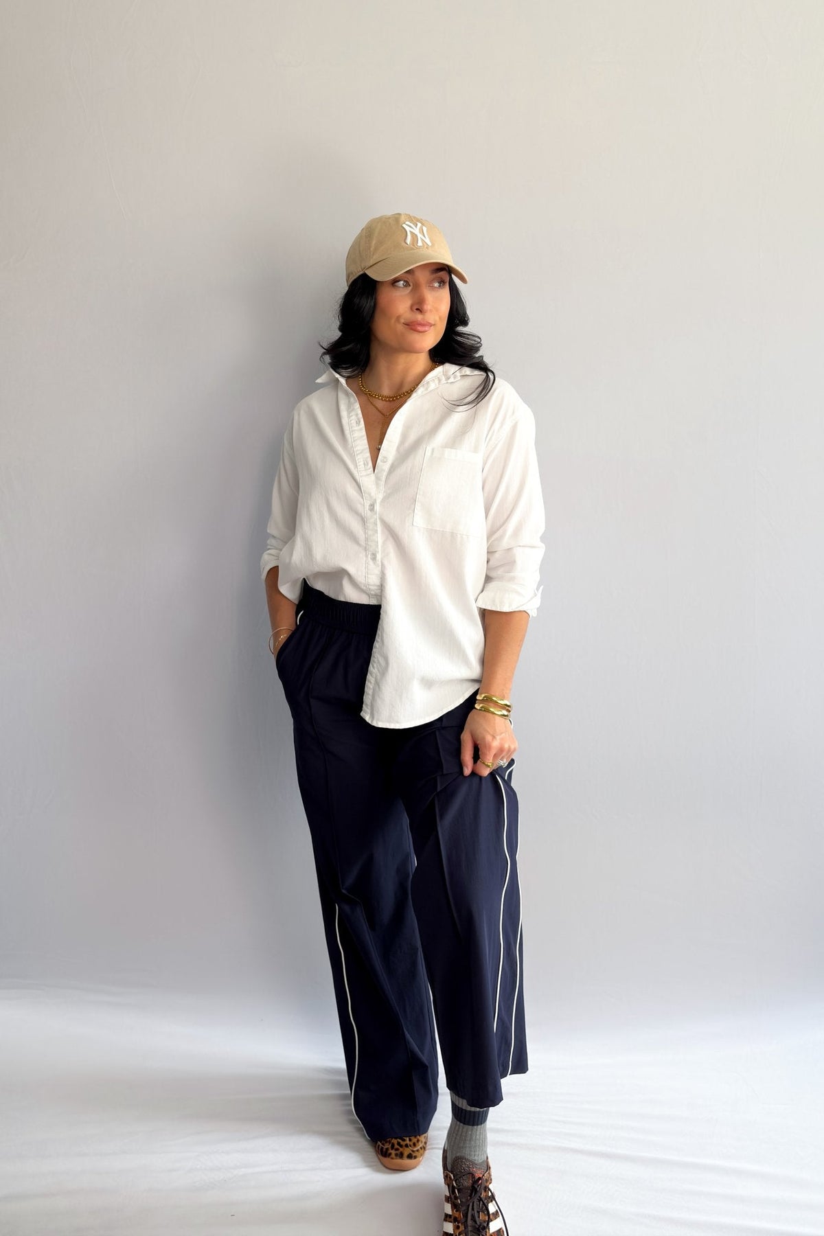 Women’s Navy Blue Track Pants with White Piping, Wide - Leg Pull - On – Thread &amp; Supply - Women&#39;s Pants - Blooming Daily