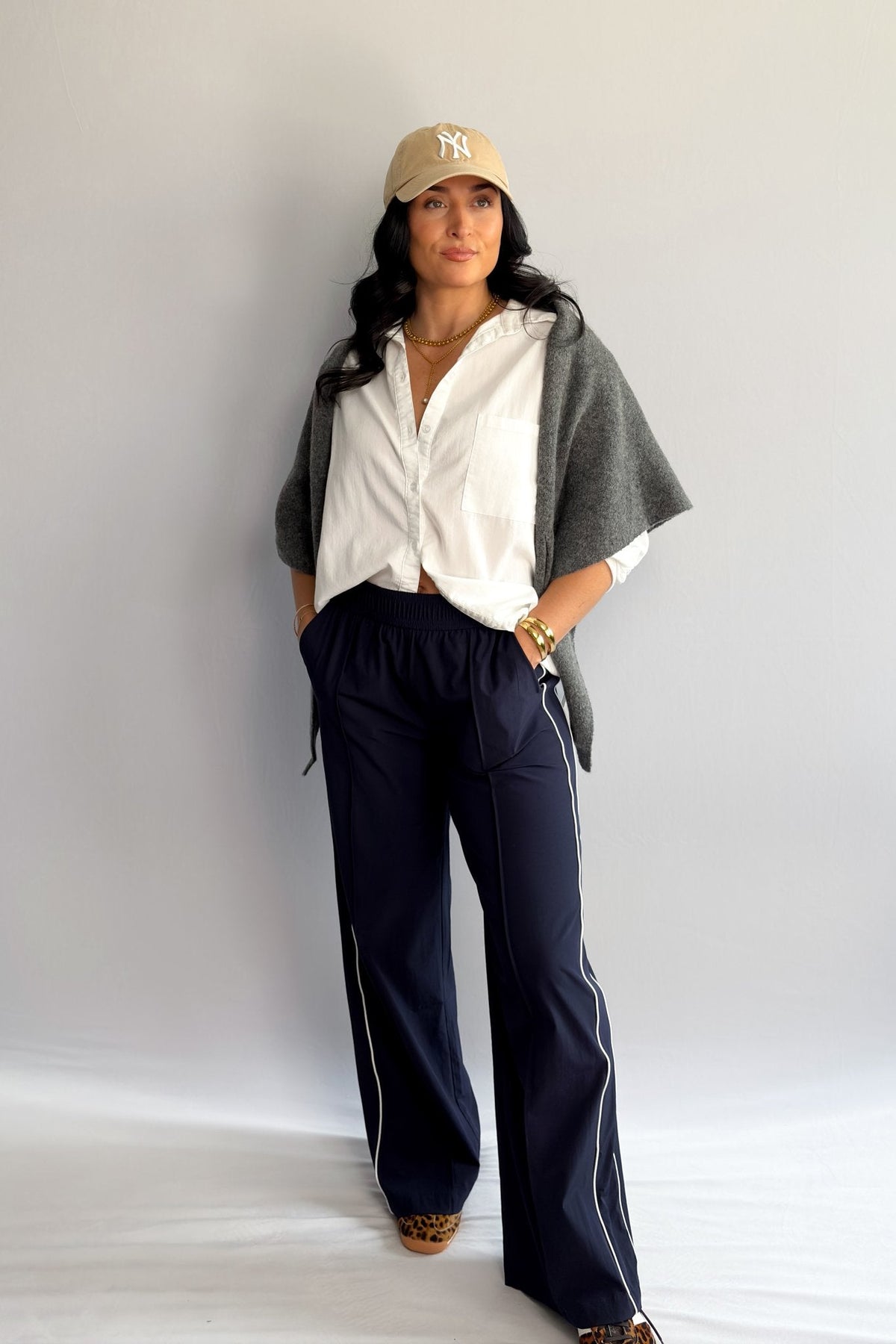 Women’s Navy Blue Track Pants with White Piping, Wide - Leg Pull - On – Thread &amp; Supply - Women&#39;s Pants - Blooming Daily