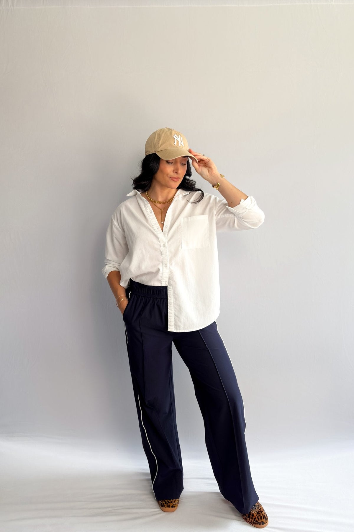 Women’s Navy Blue Track Pants with White Piping, Wide - Leg Pull - On – Thread &amp; Supply - Women&#39;s Pants - Blooming Daily