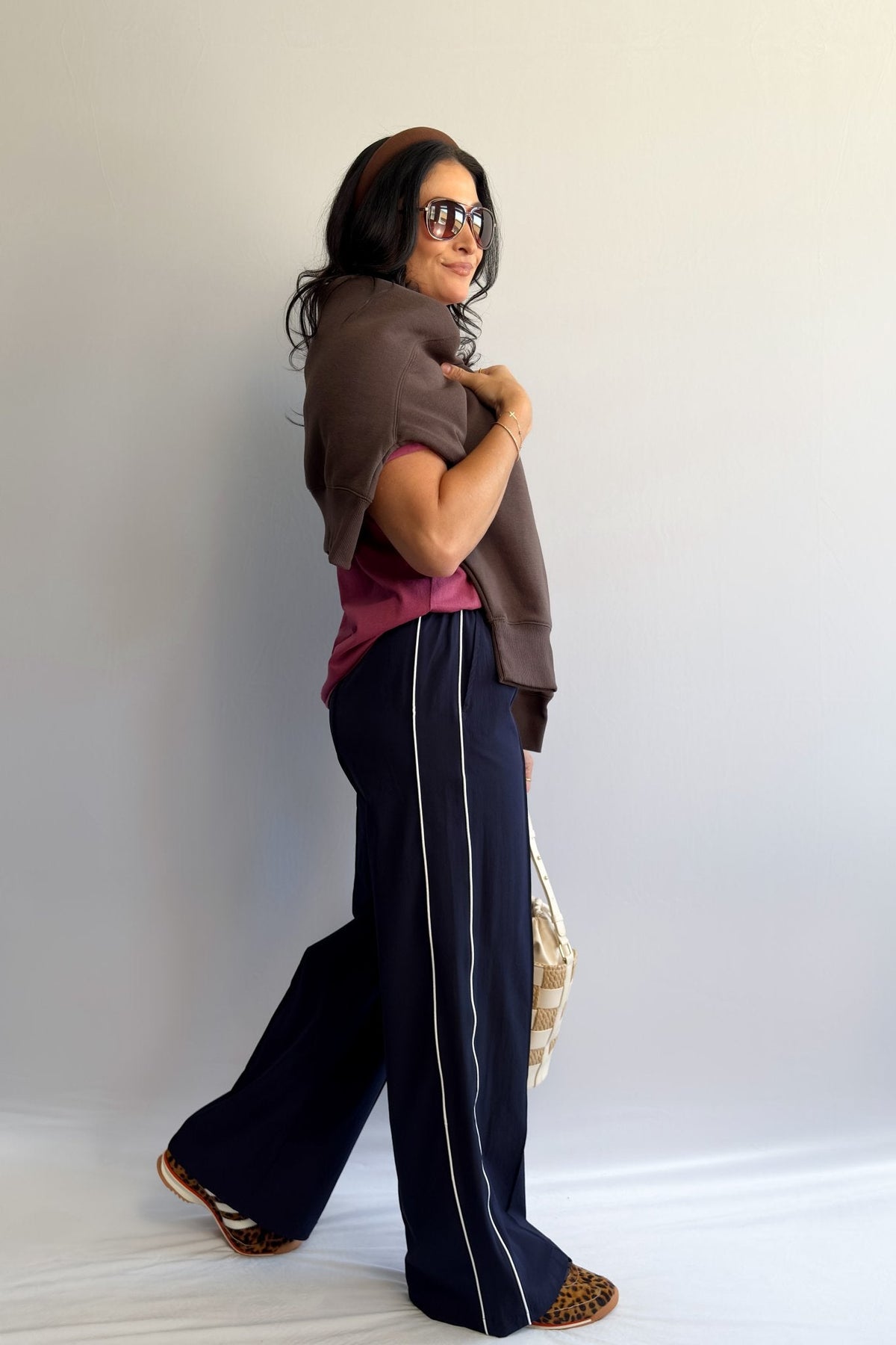 Women’s Navy Blue Track Pants with White Piping, Wide - Leg Pull - On – Thread &amp; Supply - Women&#39;s Pants - Blooming Daily