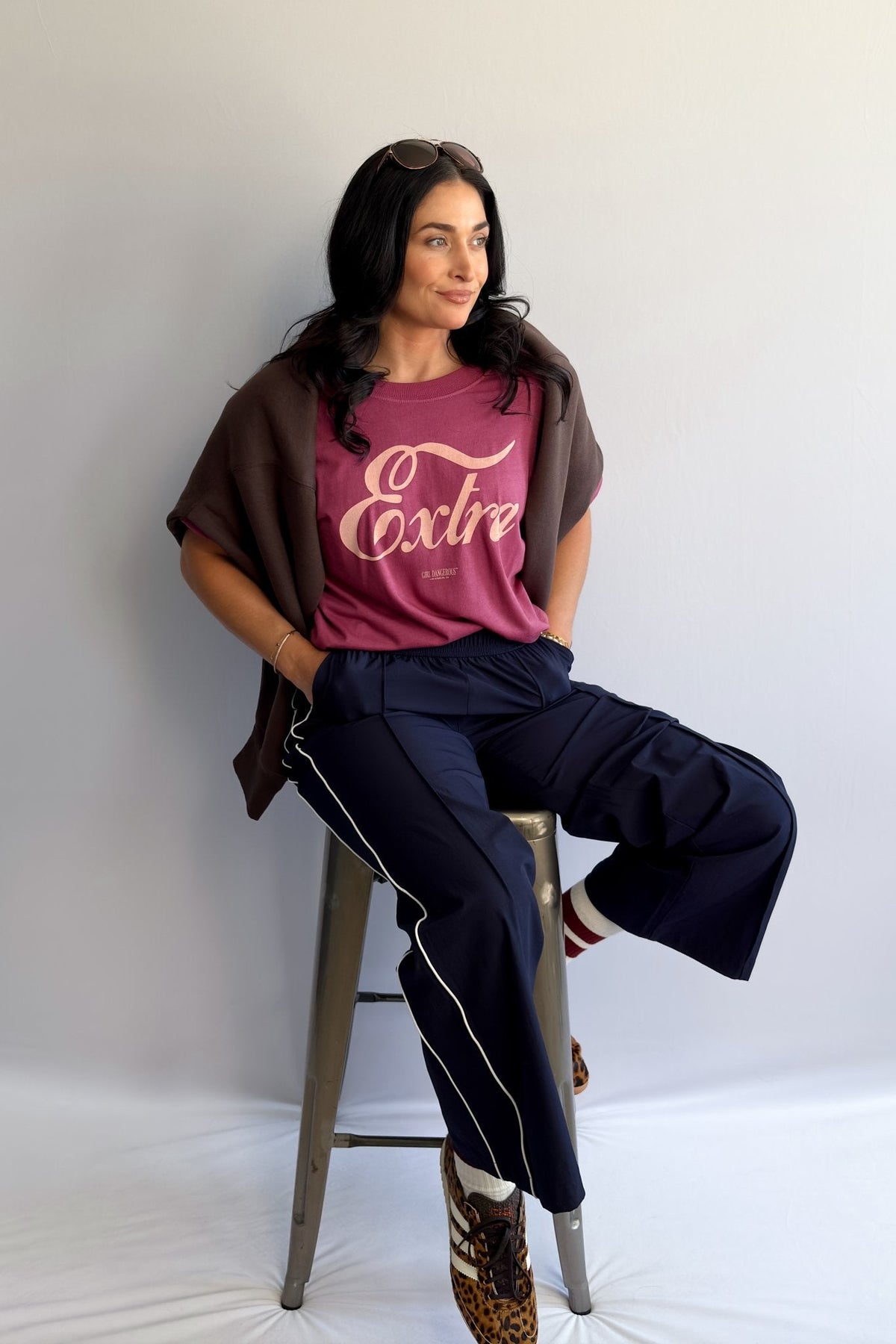 Women’s Navy Blue Track Pants with White Piping, Wide - Leg Pull - On – Thread &amp; Supply - Women&#39;s Pants - Blooming Daily