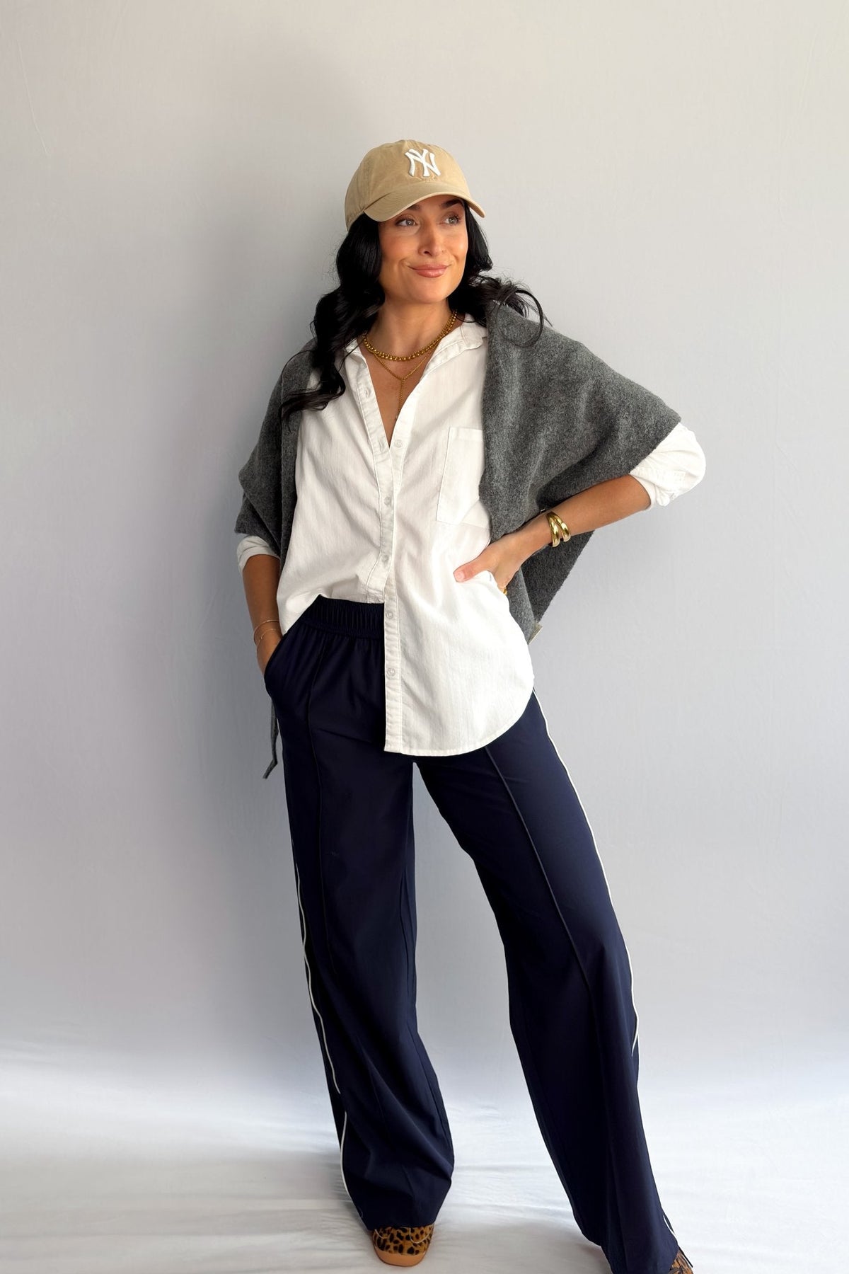Women’s Navy Blue Track Pants with White Piping, Wide - Leg Pull - On – Thread &amp; Supply - Women&#39;s Pants - Blooming Daily