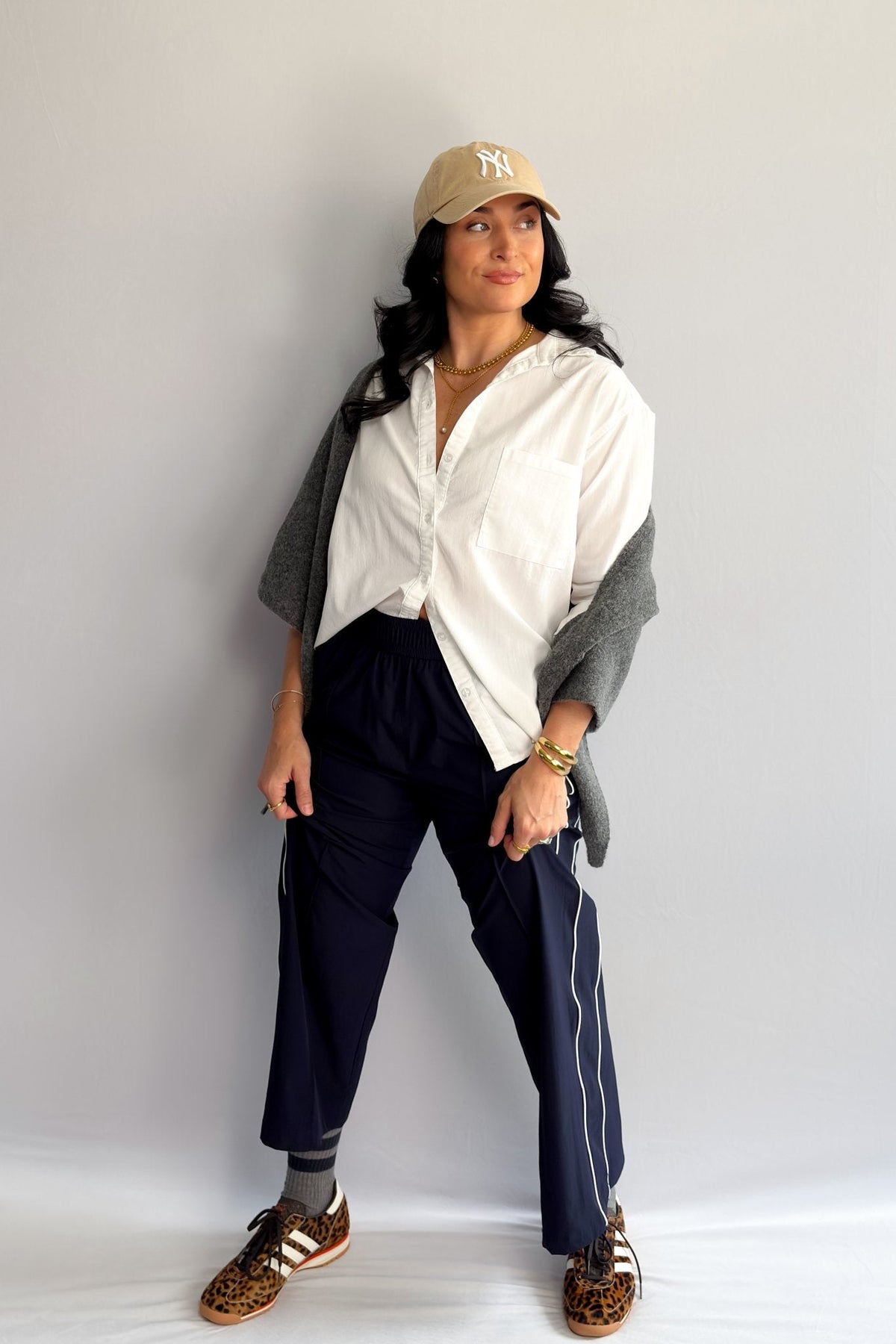 Women’s Navy Blue Track Pants with White Piping, Wide - Leg Pull - On – Thread &amp; Supply - Women&#39;s Pants - Blooming Daily