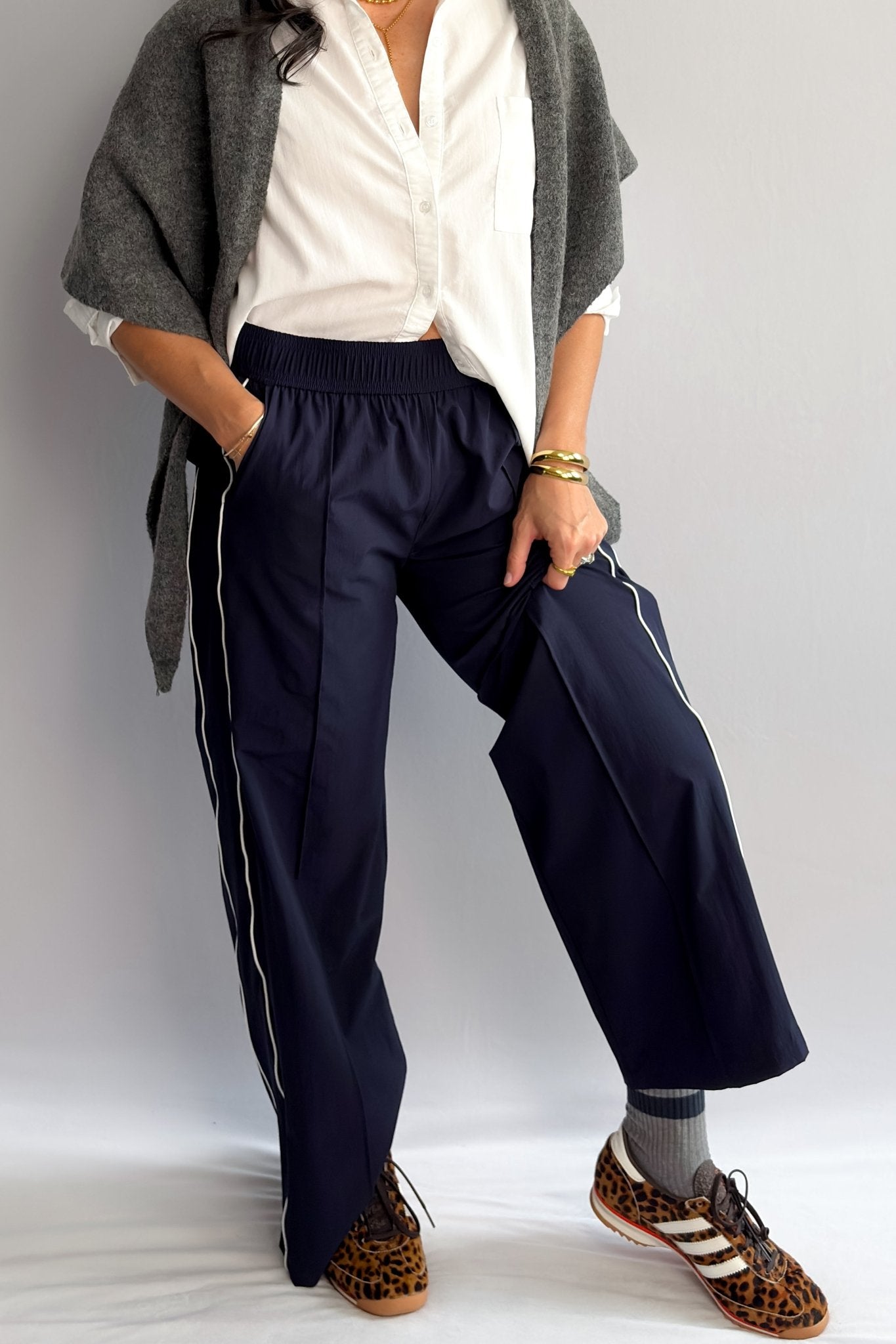 Women’s Navy Blue Track Pants with White Piping, Wide - Leg Pull - On – Thread & Supply - Women's Pants - Blooming Daily