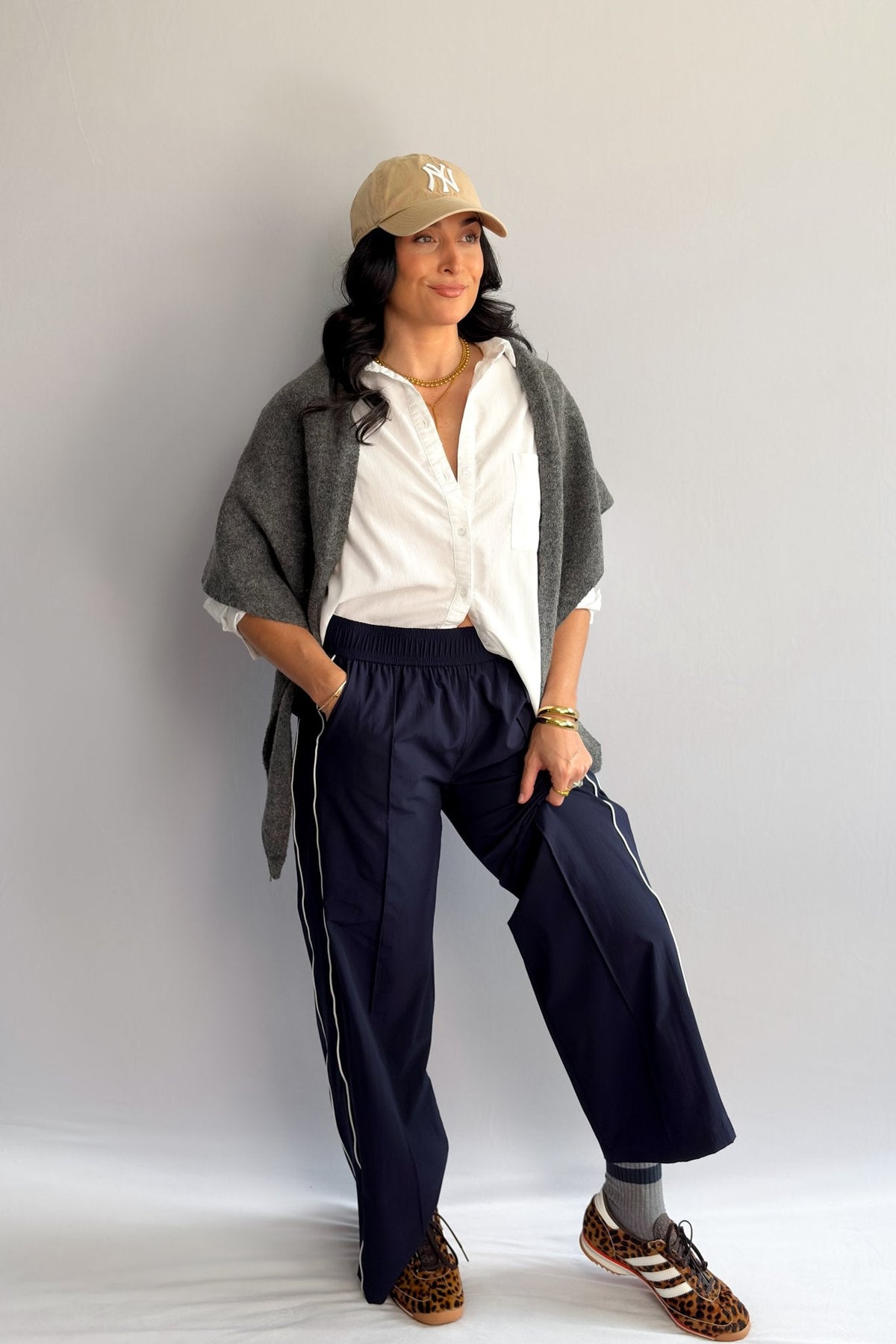 Women’s Navy Blue Track Pants with White Piping, Wide - Leg Pull - On – Thread &amp; Supply - Women&#39;s Pants - Blooming Daily