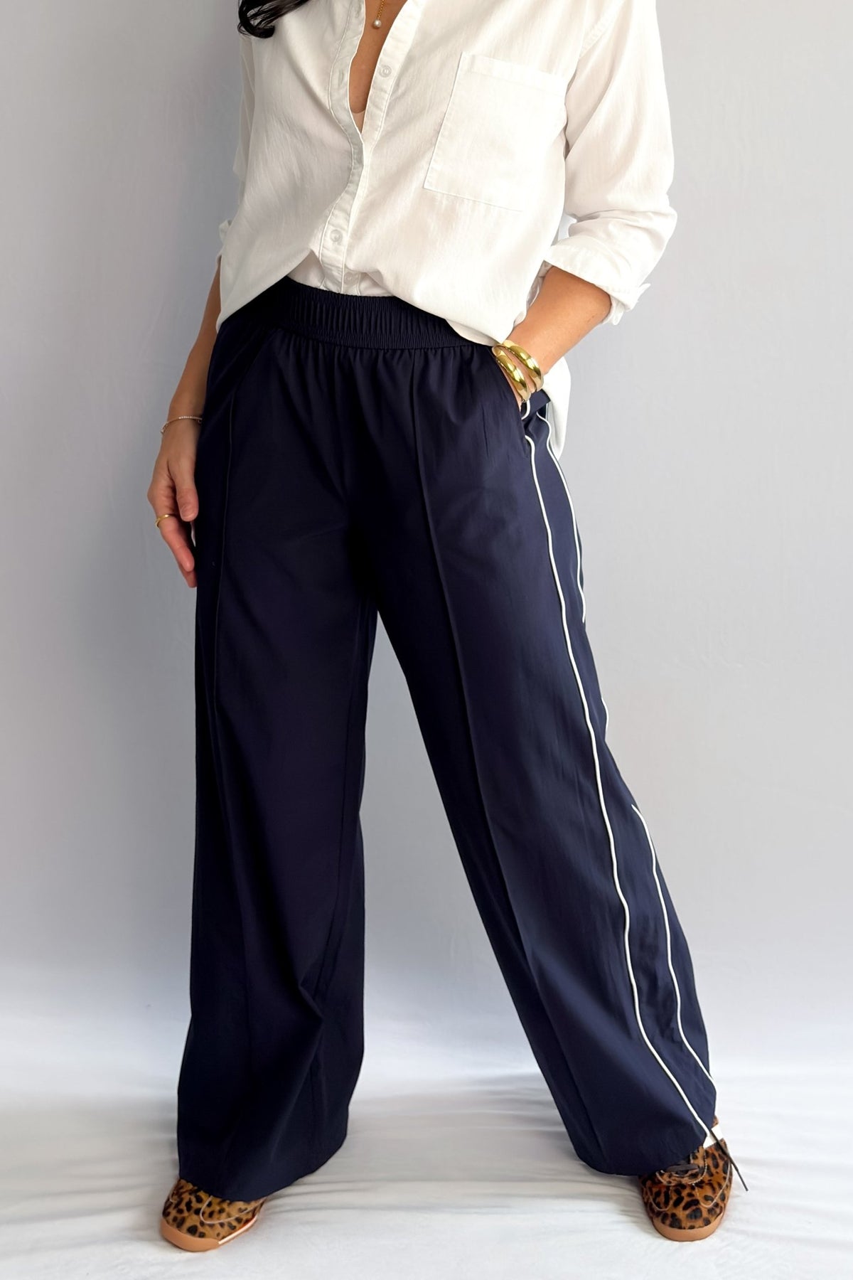 Women’s Navy Blue Track Pants with White Piping, Wide - Leg Pull - On – Thread &amp; Supply - Women&#39;s Pants - Blooming Daily