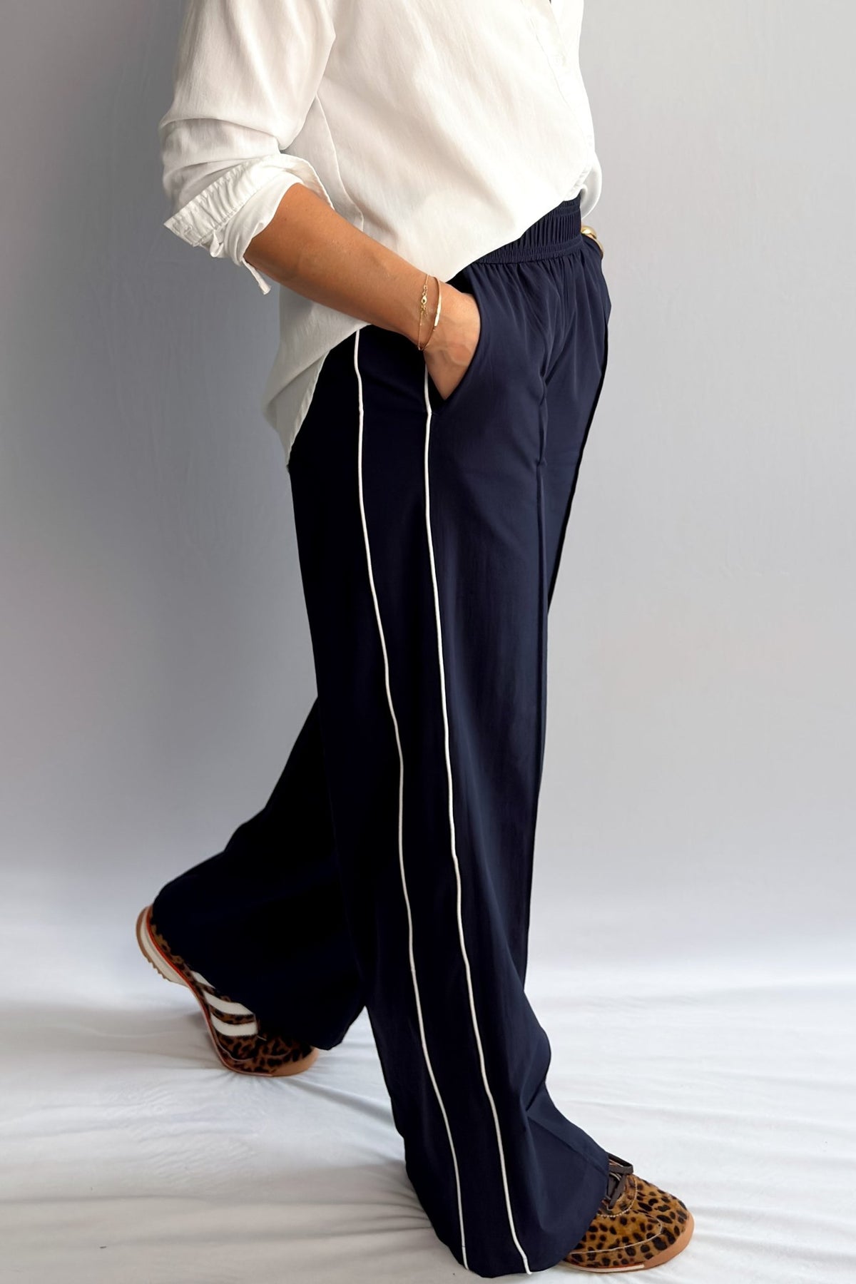 Women’s Navy Blue Track Pants with White Piping, Wide - Leg Pull - On – Thread &amp; Supply - Women&#39;s Pants - Blooming Daily