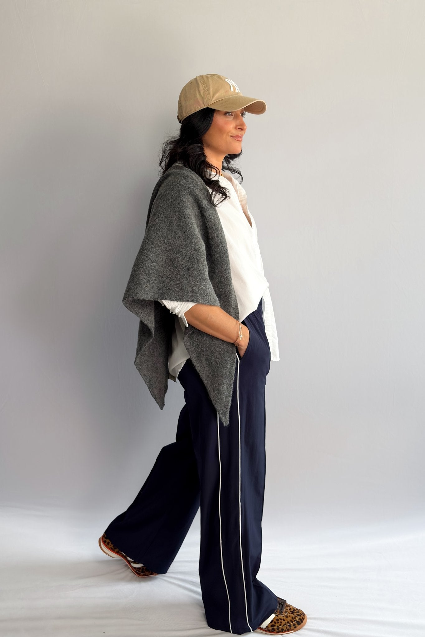 Women’s Navy Blue Track Pants with White Piping, Wide - Leg Pull - On – Thread & Supply - Women's Pants - Blooming Daily