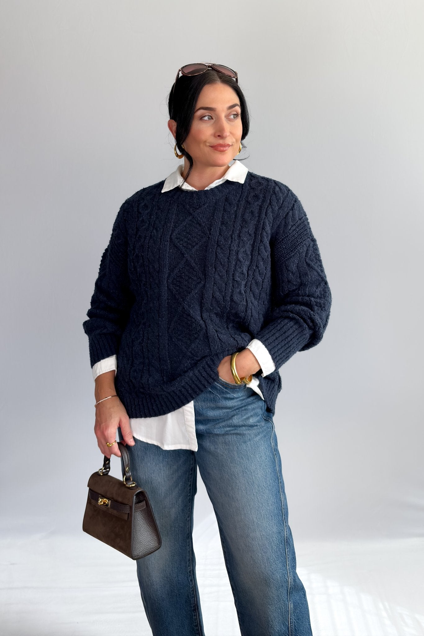 Women’s Navy Cable Knit Crewneck Sweater – Classic Pullover - Women's Shirts & Tops - Blooming Daily