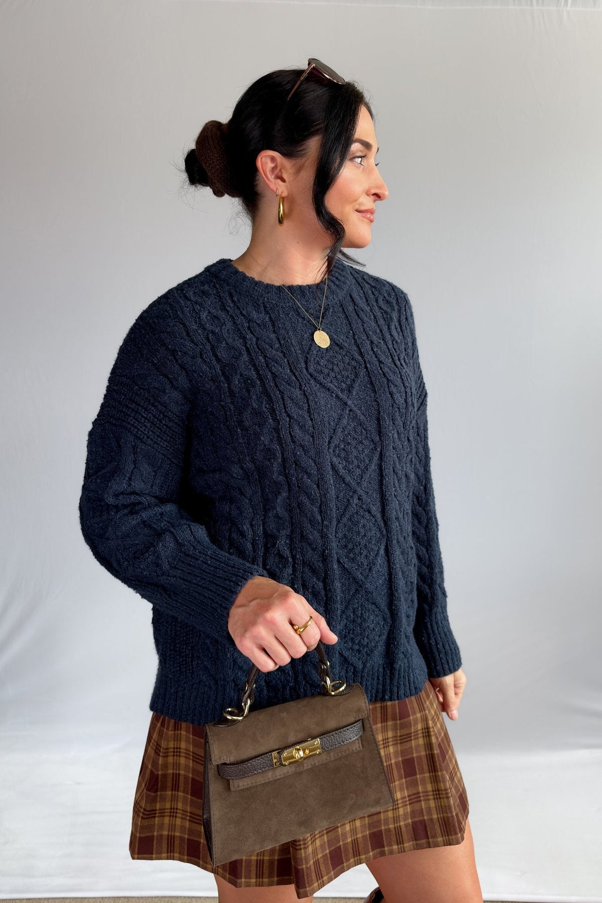 Women’s Navy Cable Knit Crewneck Sweater – Classic Pullover - Women&#39;s Shirts &amp; Tops - Blooming Daily