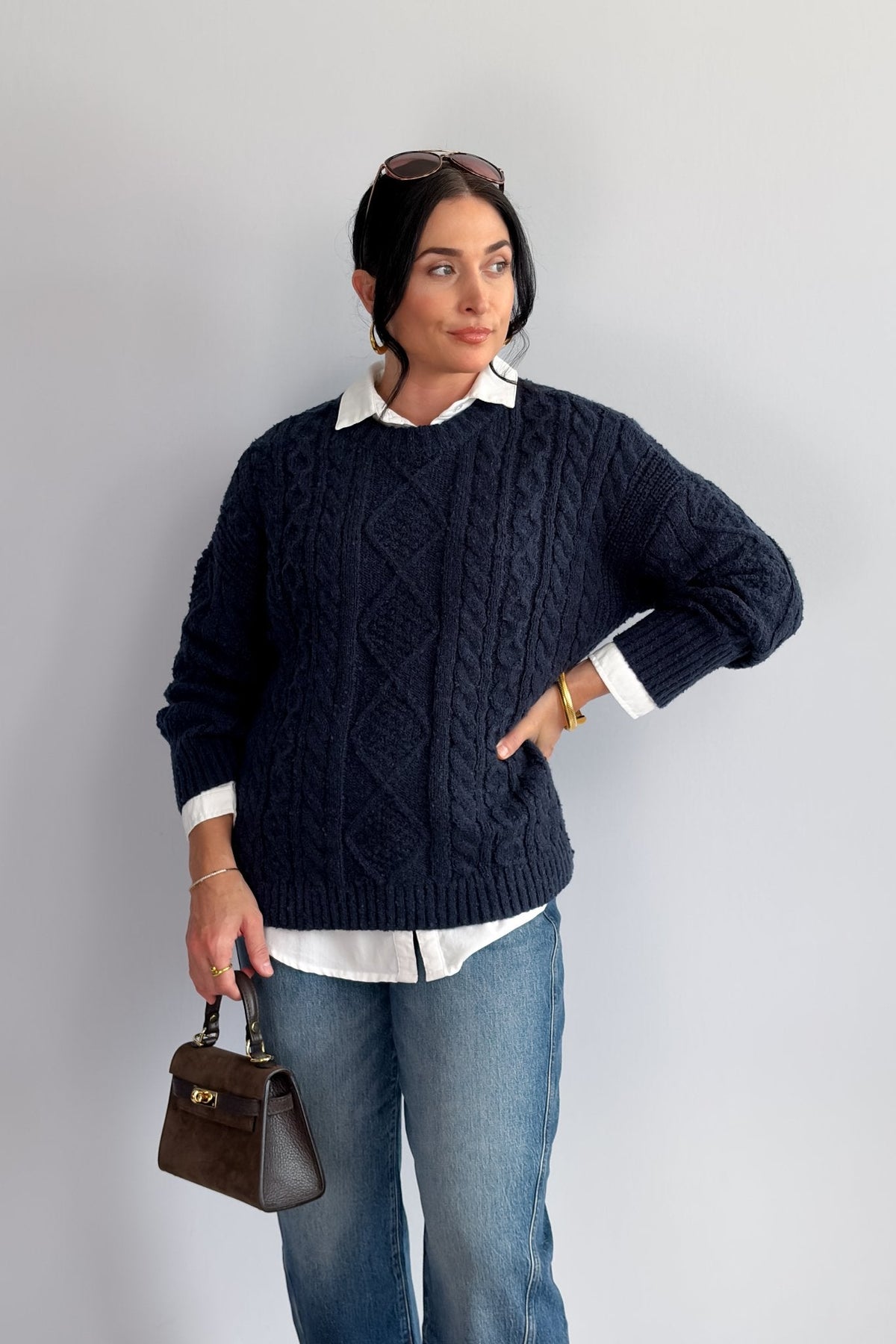 Women’s Navy Cable Knit Crewneck Sweater – Classic Pullover - Women&#39;s Shirts &amp; Tops - Blooming Daily