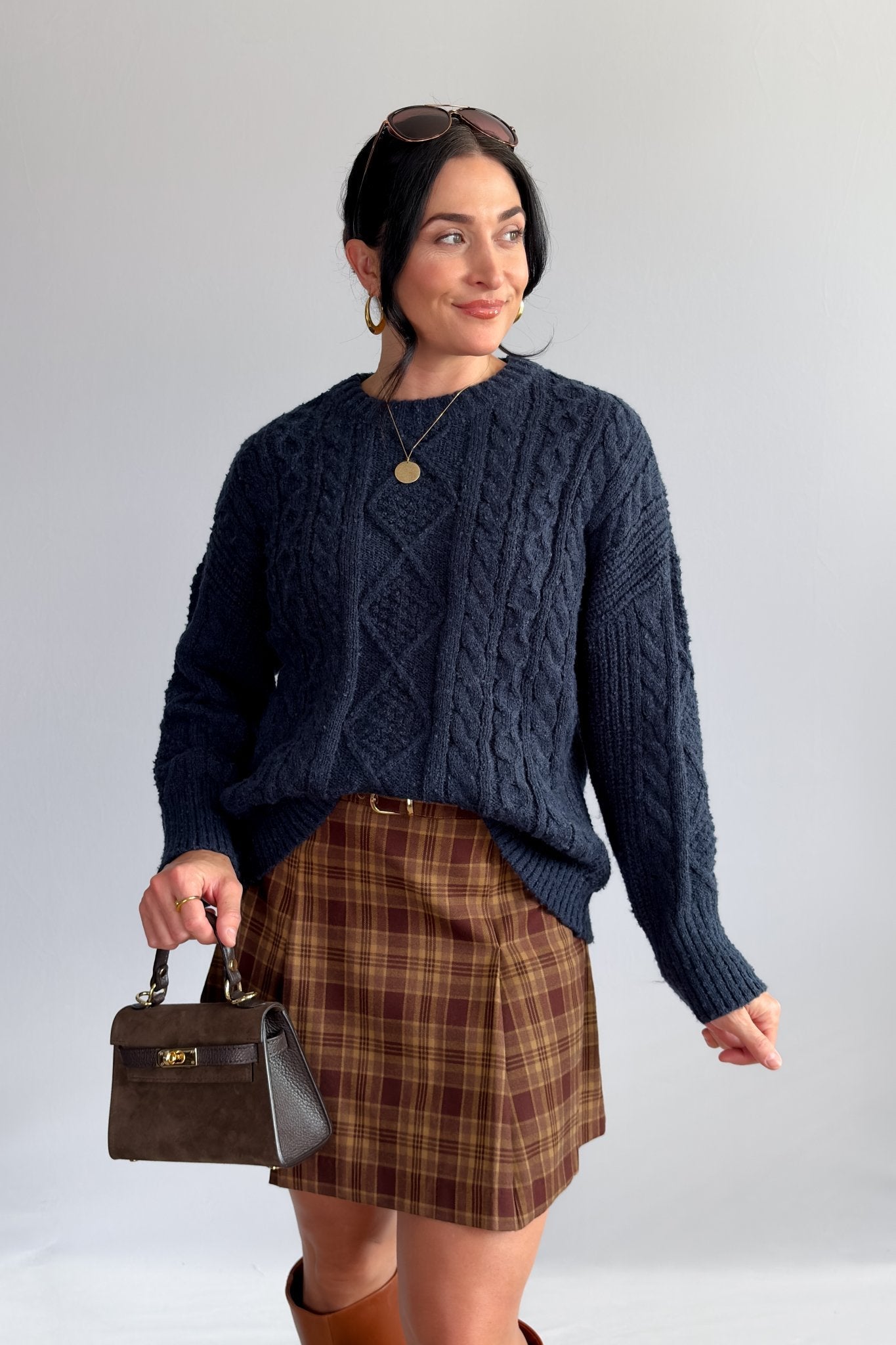 Women’s Navy Cable Knit Crewneck Sweater – Classic Pullover - Women's Shirts & Tops - Blooming Daily