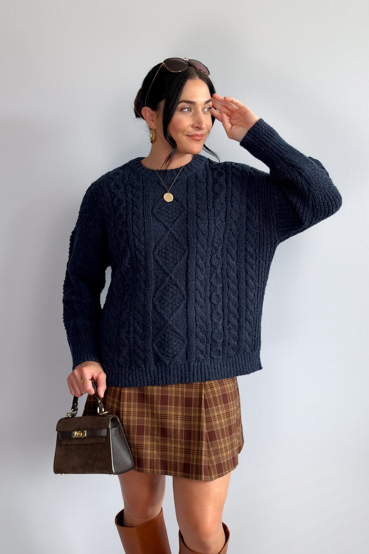 Women’s Navy Cable Knit Crewneck Sweater – Classic Pullover - Women&#39;s Shirts &amp; Tops - Blooming Daily