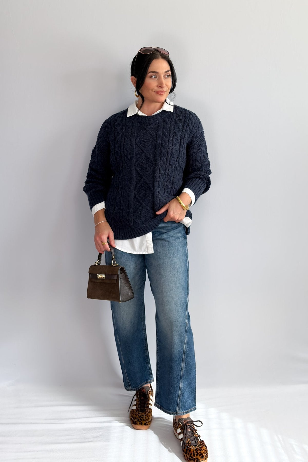 Women’s Navy Cable Knit Crewneck Sweater – Classic Pullover - Women&#39;s Shirts &amp; Tops - Blooming Daily