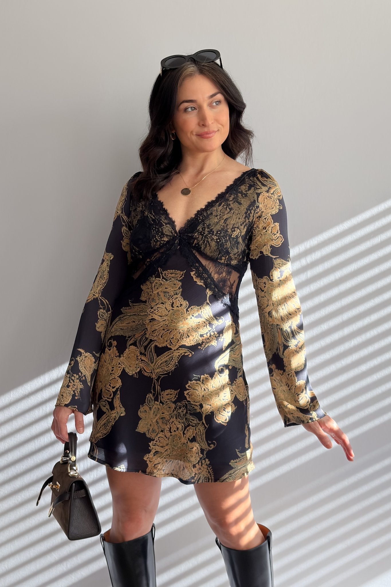 Women’s Navy Lace Floral Long Sleeve Mini Dress - Women's Dresses - Blooming Daily