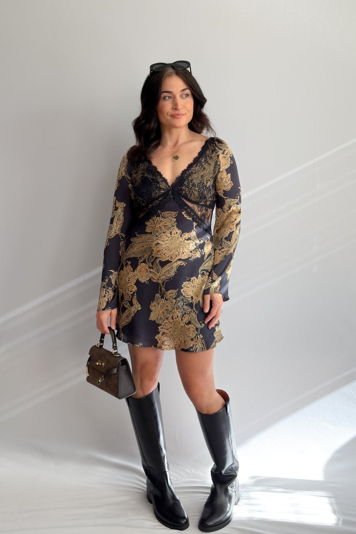Women’s Navy Lace Floral Long Sleeve Mini Dress - Women's Dresses - Blooming Daily