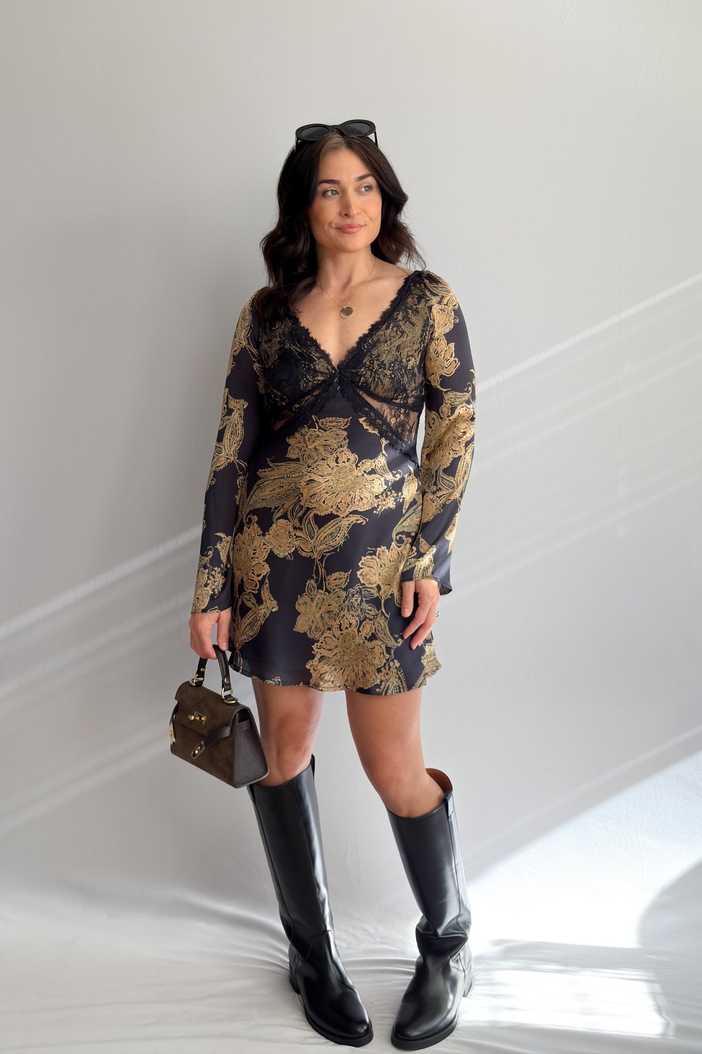 Women’s Navy Lace Floral Long Sleeve Mini Dress - Women's Dresses - Blooming Daily