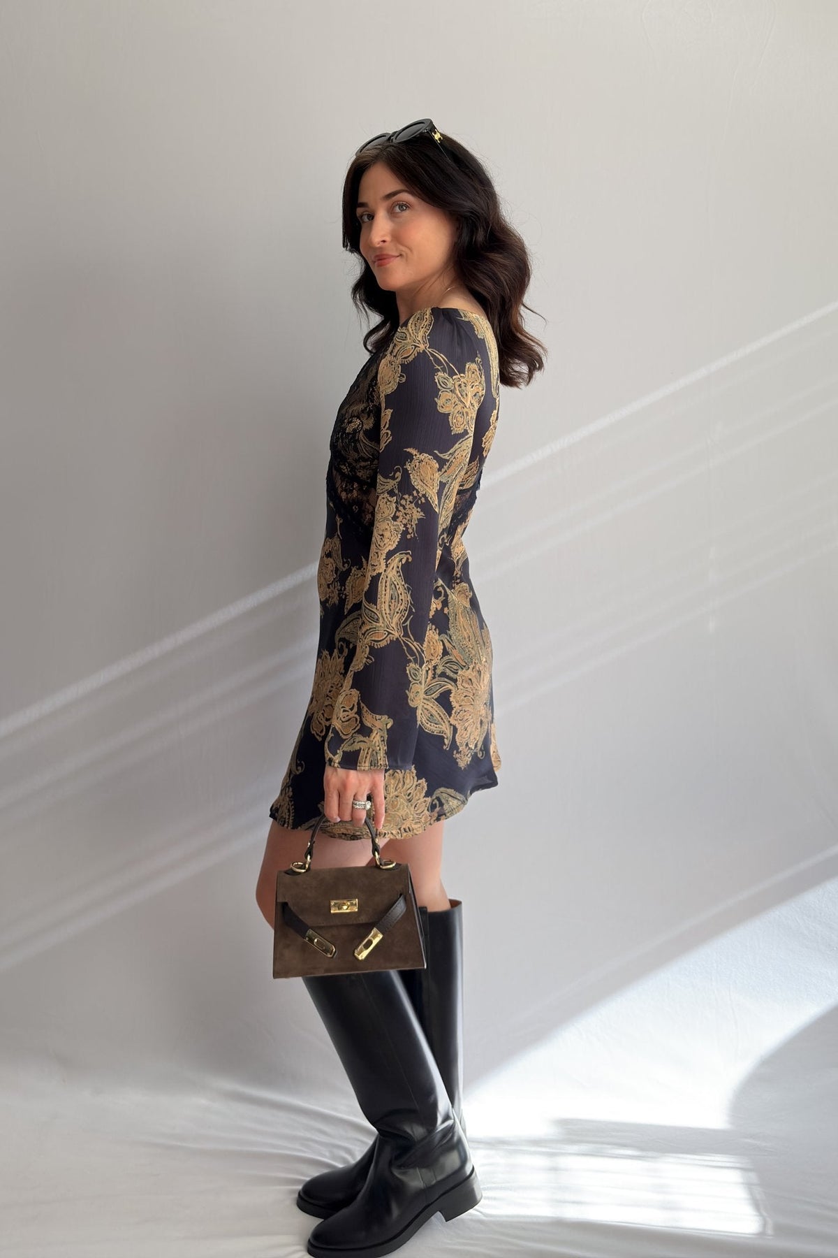 Women’s Navy Lace Floral Long Sleeve Mini Dress - Women's Dresses - Blooming Daily