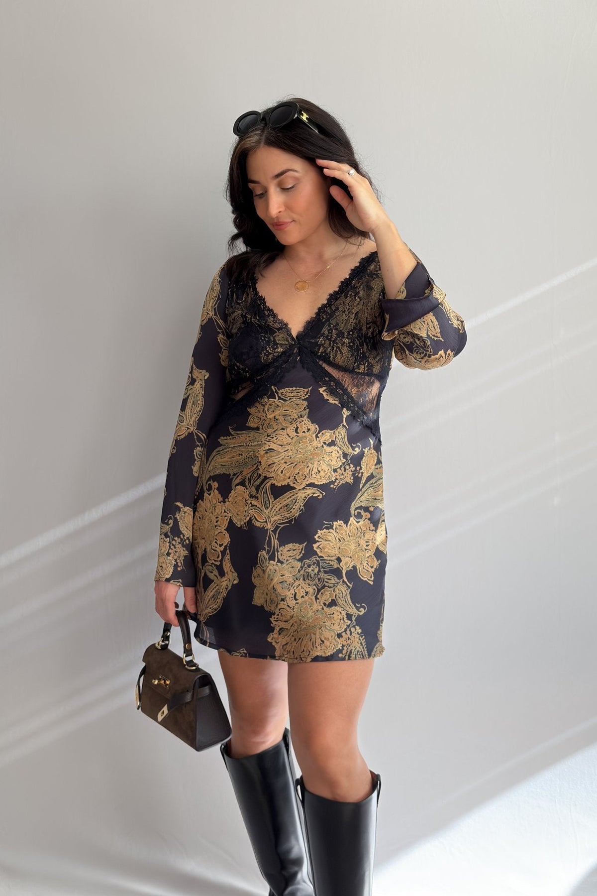Women’s Navy Lace Floral Long Sleeve Mini Dress - Women's Dresses - Blooming Daily