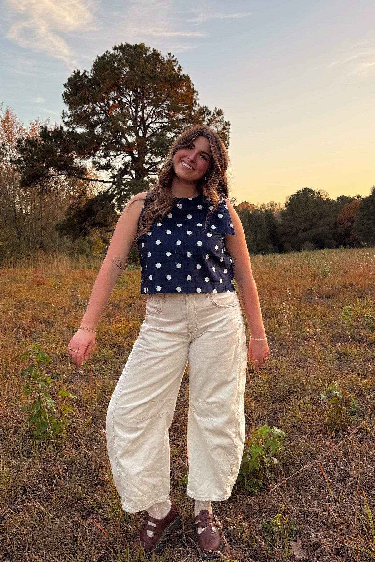 Women’s Navy Polka Dot Sleeveless Top – Bow - Shoulder Detail, Boxy Fit - Women's Shirts & Tops - Blooming Daily