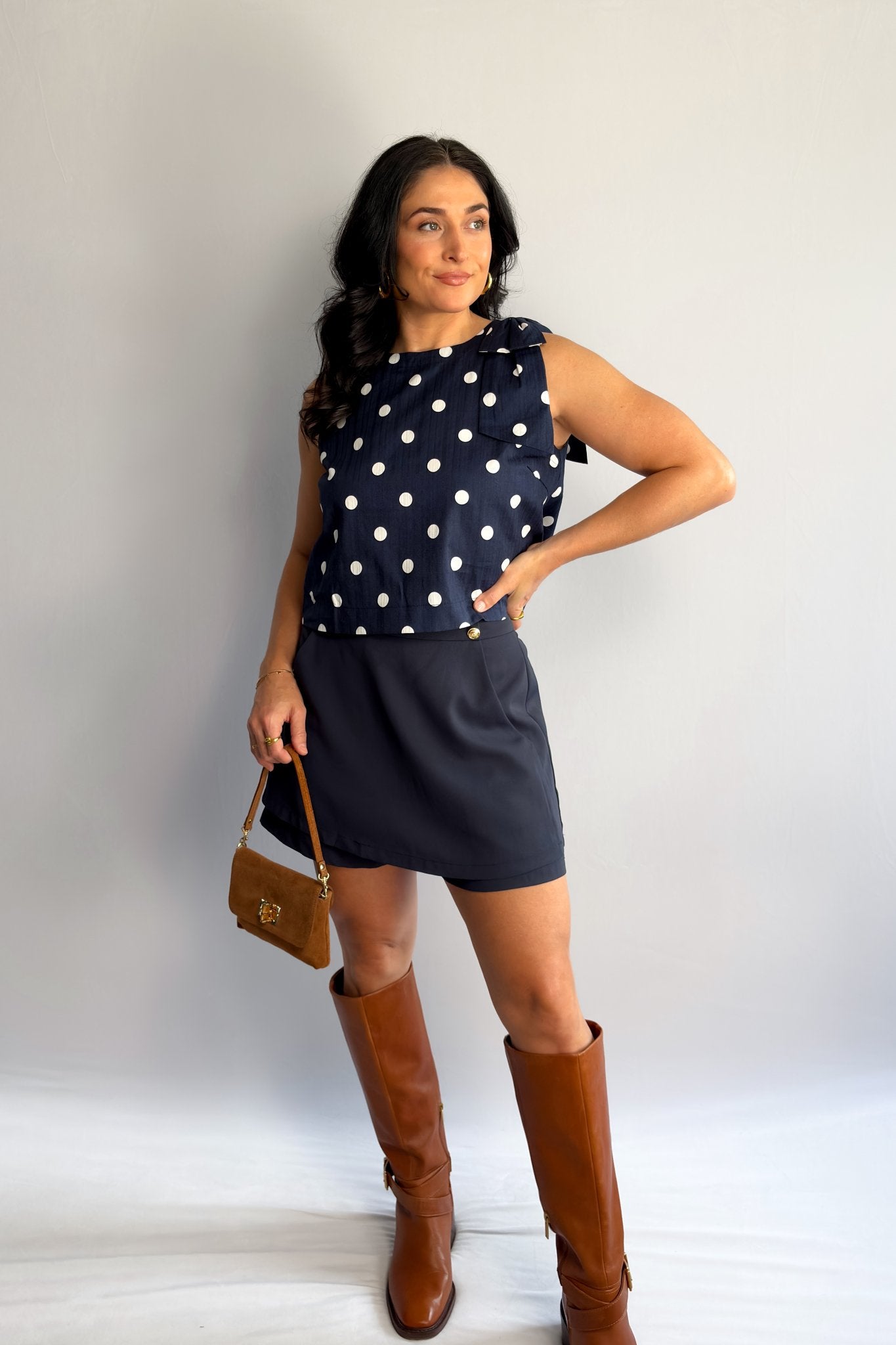 Women’s Navy Polka Dot Sleeveless Top – Bow - Shoulder Detail, Boxy Fit - Women's Shirts & Tops - Blooming Daily